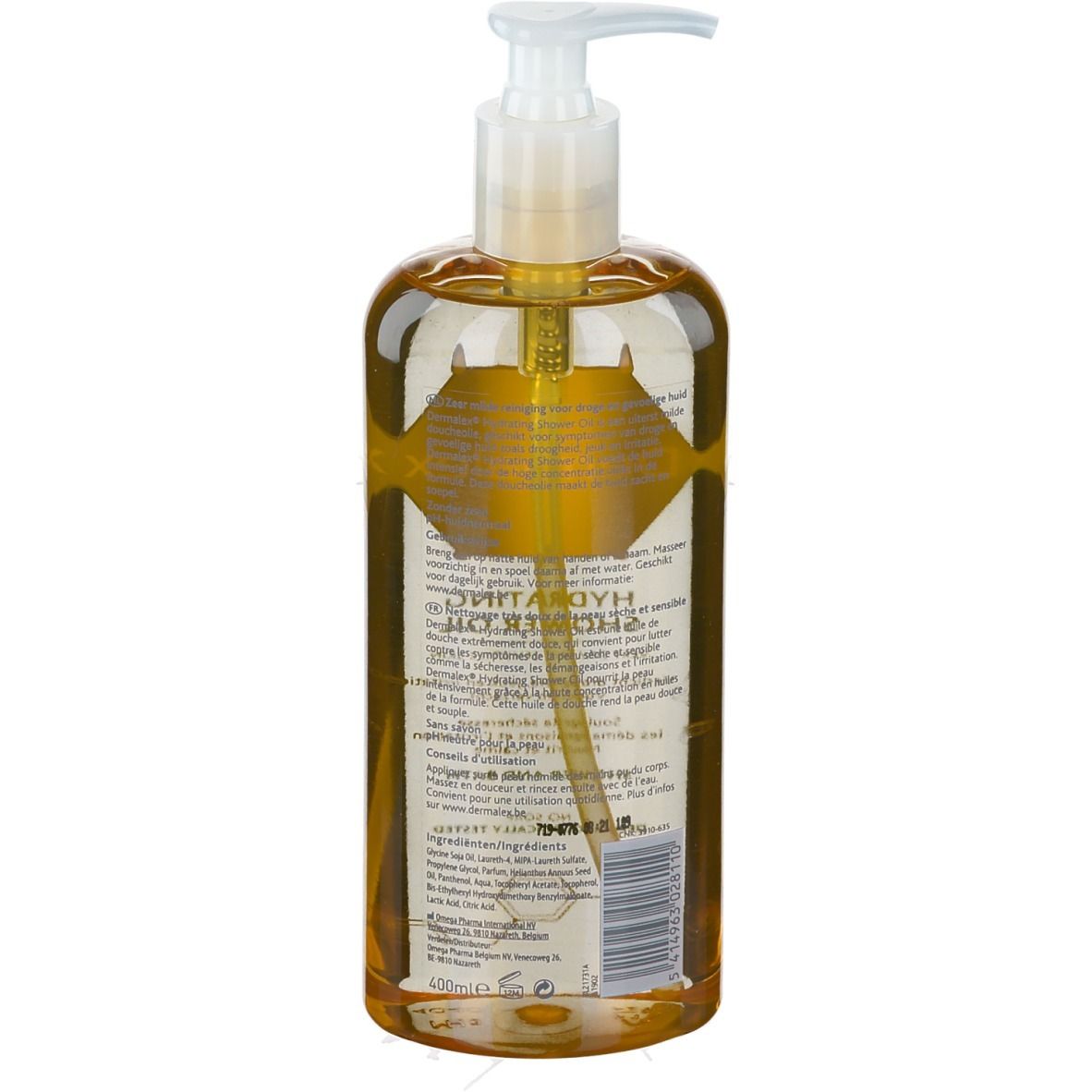 Transparente Flasche mit brauner Flüssigkeit und Pumpe. Rückansicht mit Text und Barcode. Hydratisierendes Duschöl.