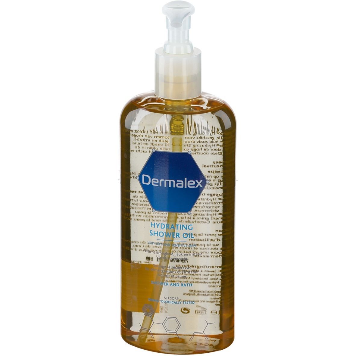 Transparente Flasche mit brauner Flüssigkeit und Pumpe. Etikett mit Logo und Text. Hydratisierendes Duschöl.