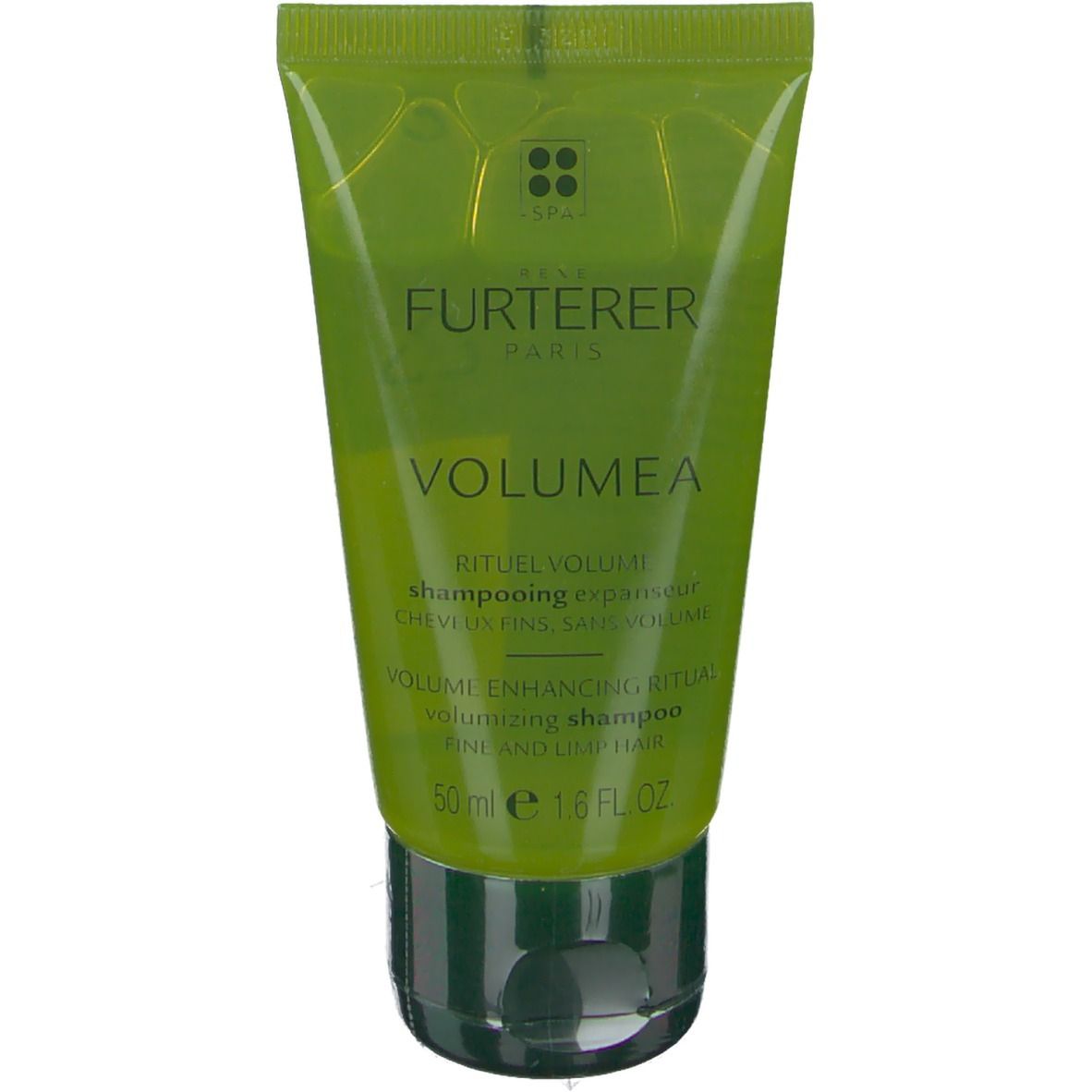 Grüne Tube mit Schriftzug "Rene Furterer Volumea". Text in Französisch und Englisch. Schwarzer Verschluss.