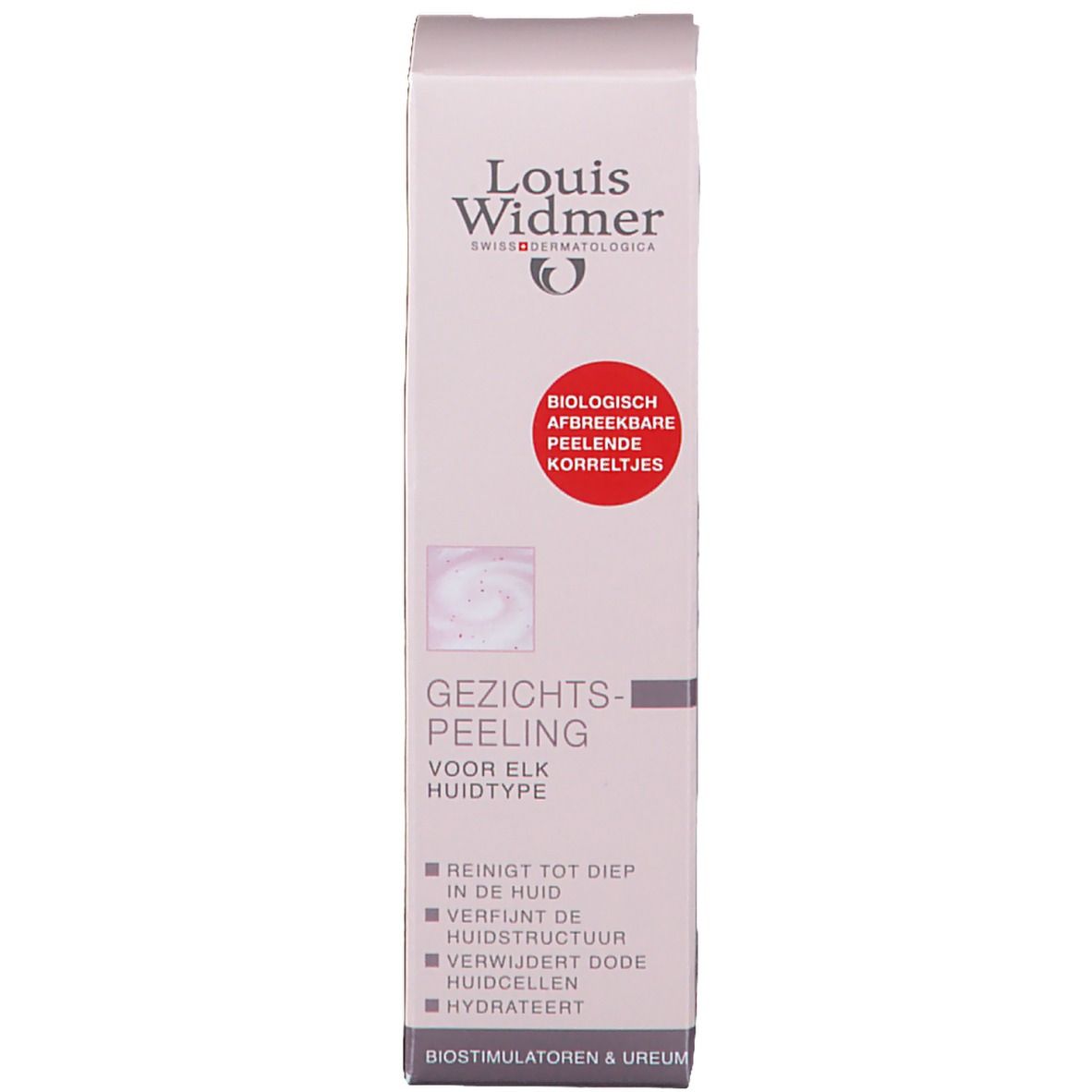 Verpackung mit Produktname und Text. Roter Kreis mit Text. Gesichtspeeling für jeden Hauttyp. Reinigt, verfeinert, entfernt, hydratisiert.