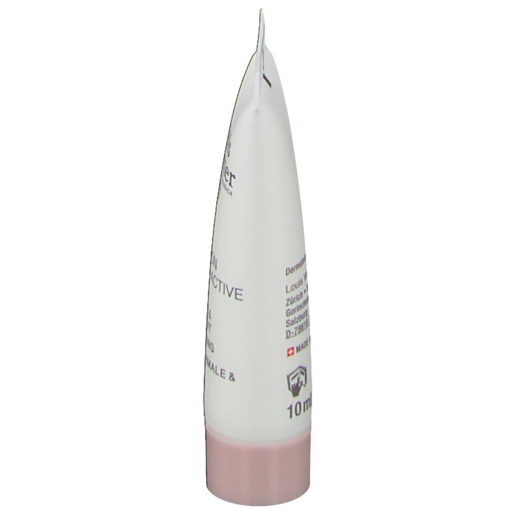 Seitenansicht der Tube Louis Widmer Emulsion Hydro-Active UV30. Weiß, mit rosa Verschluss. Text aufgedruckt.