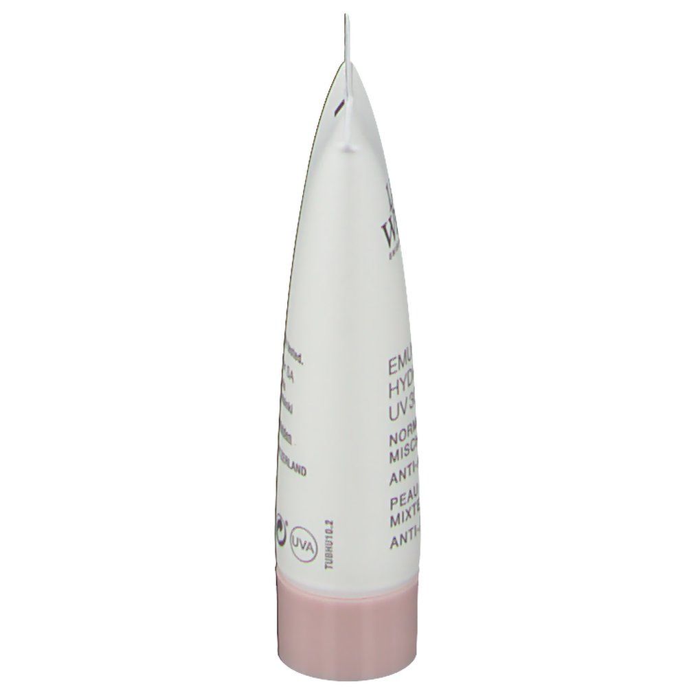 Seitenansicht der Tube Louis Widmer Emulsion Hydro-Active UV30. Weiß, rosa Verschluss. Text aufgedruckt.