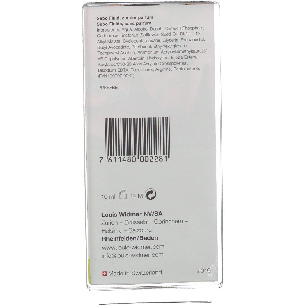 Produktverpackung mit Inhaltsstoffen, Barcode und Logo. Text: Louis Widmer. Hergestellt in der Schweiz.