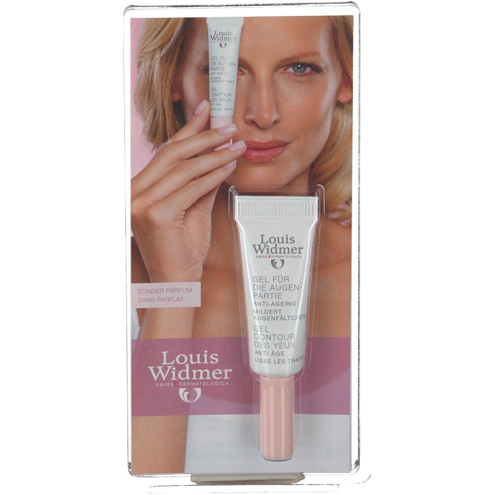 Gel für die Augenpartie. Anti-Age. Tube mit rosa Verschluss. Aufsteller mit Produktabbildung und Frauengesicht.