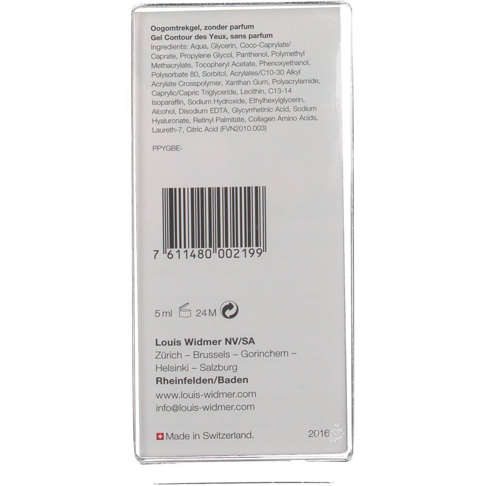 Rückseite der Gel-Tube. Text mit Inhaltsstoffen, Herstellerinformationen und Barcode. Hergestellt in der Schweiz.