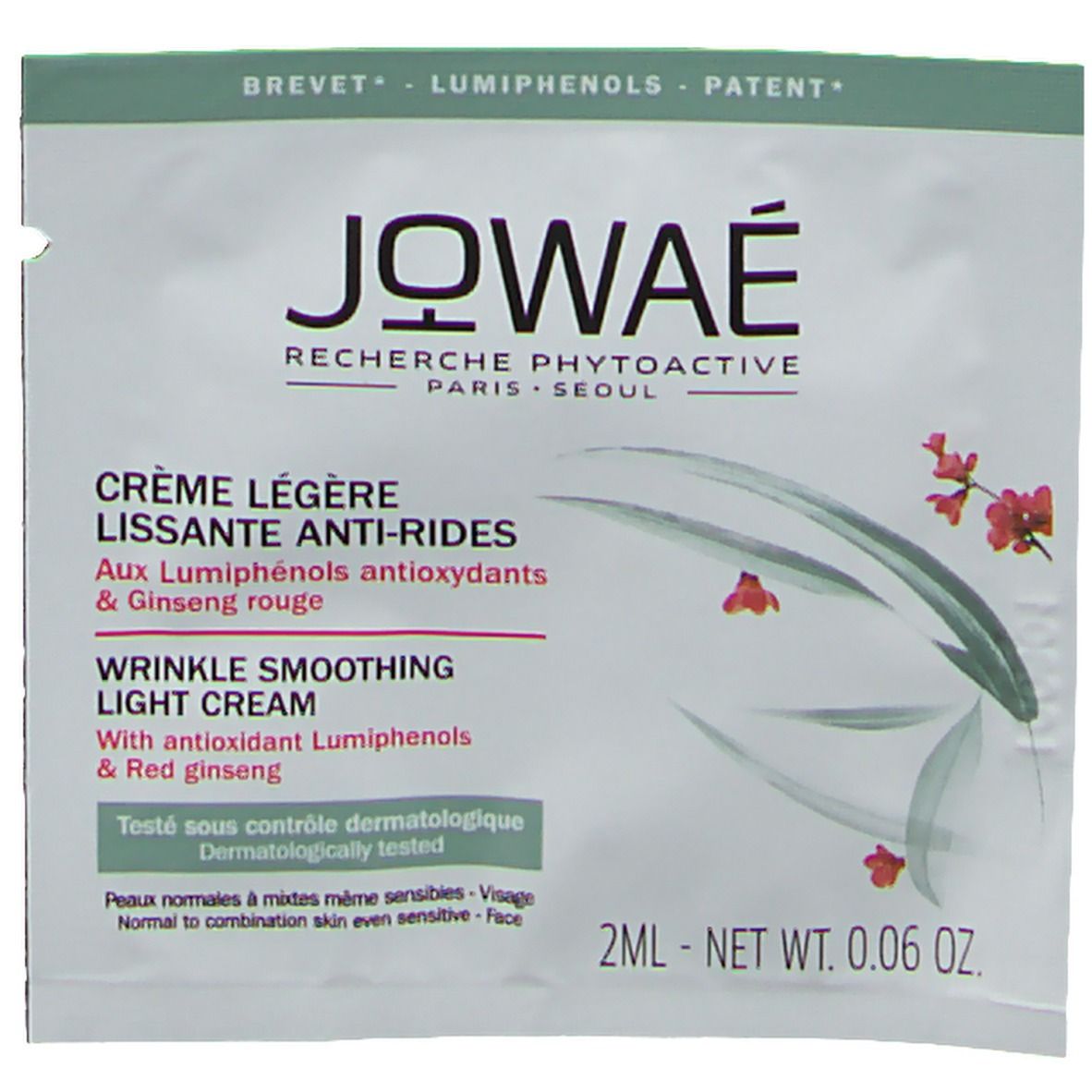 Jowaé Crème Légère Anti-Rides Probebeutel. Weiß, mit Logo und Produktinformationen. 2 ml.