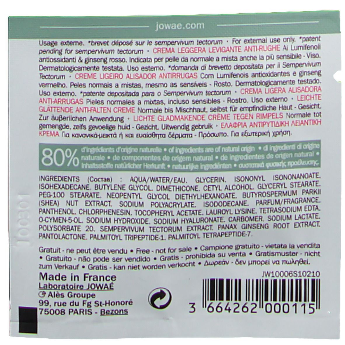 Rückseite des Jowaé Crème Légère Anti-Rides Probebeutels. Text in mehreren Sprachen, Inhaltsstoffe, Herkunft.
