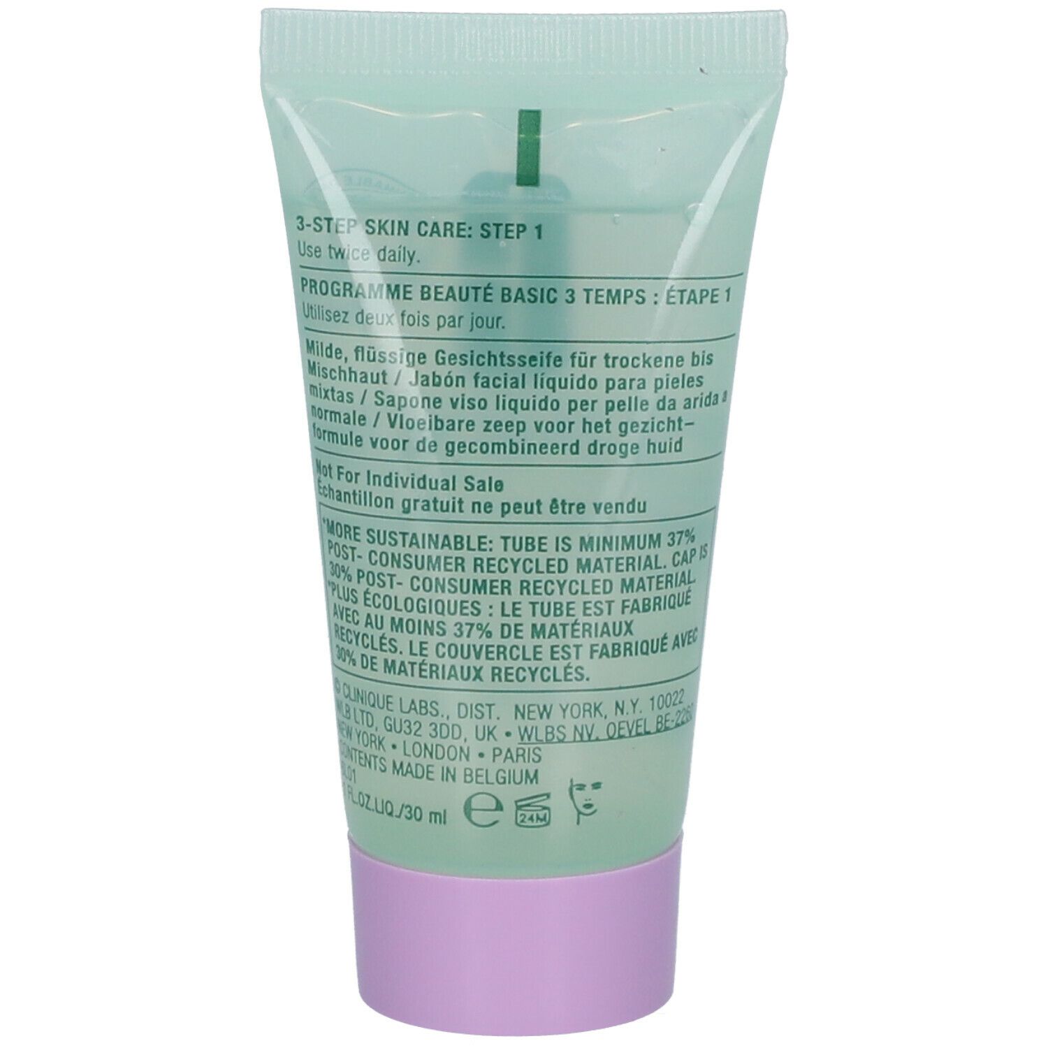 Rückseite der grünen Tube. Text: "3-STEP SKIN CARE: STEP 1". Angaben zur Verwendung. Text in Deutsch, Spanisch, Italienisch, Niederländisch.