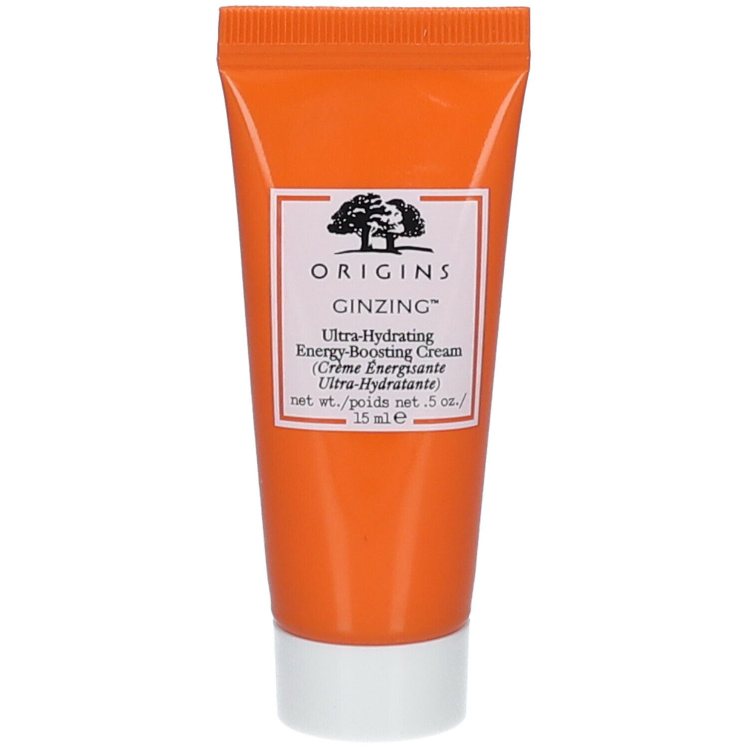 Orange Tube mit weißem Etikett. Text: Origins, GinZing, Ultra-Hydrating Energy-Boosting Cream. 15 ml.
