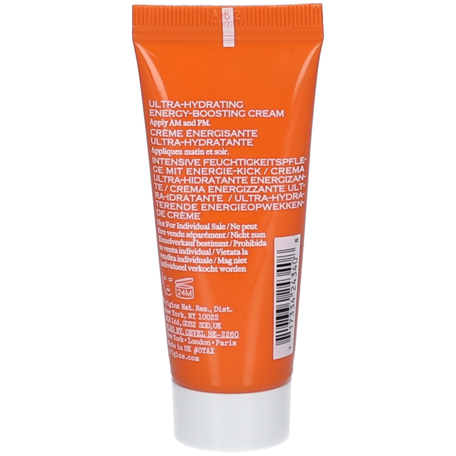 Rückseite der Tube. Text: Ultra-Hydrating Energy-Boosting Cream. Mehrsprachiger Text. Weiße Kappe.