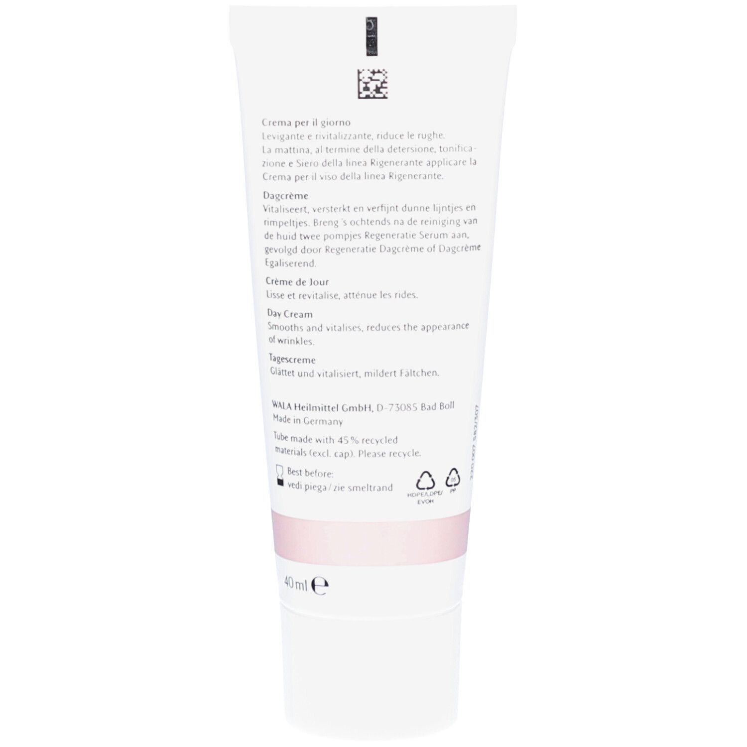 Rückseite der Tube. Text in mehreren Sprachen. Schriftzug: Crème régénérante, Regeneratie Dagcrème.