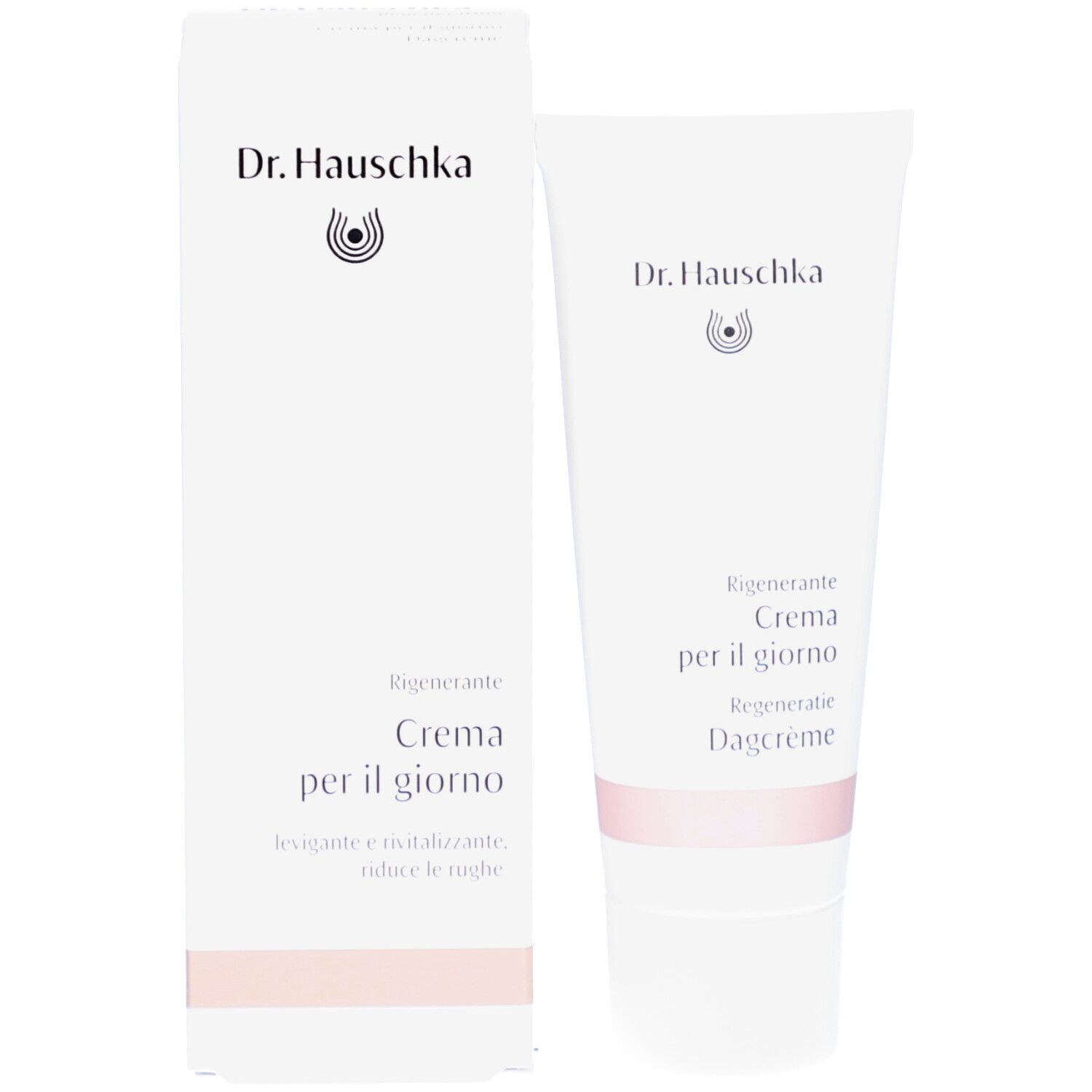 Produkt und Verpackung. Weiße Tube und Schachtel. Schriftzug: Dr. Hauschka, Crème régénérante.