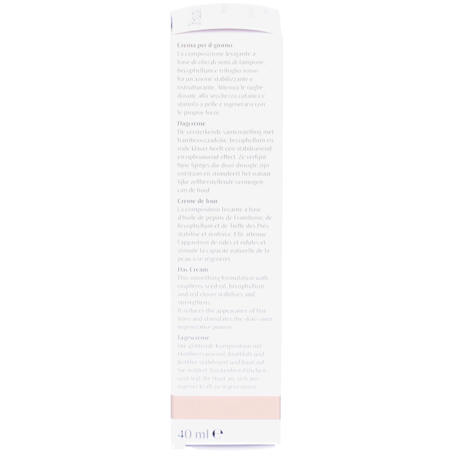 Rückseite der Schachtel. Inhaltsstoffe und Informationen. Schriftzug: Dr. Hauschka, 40 ml e.