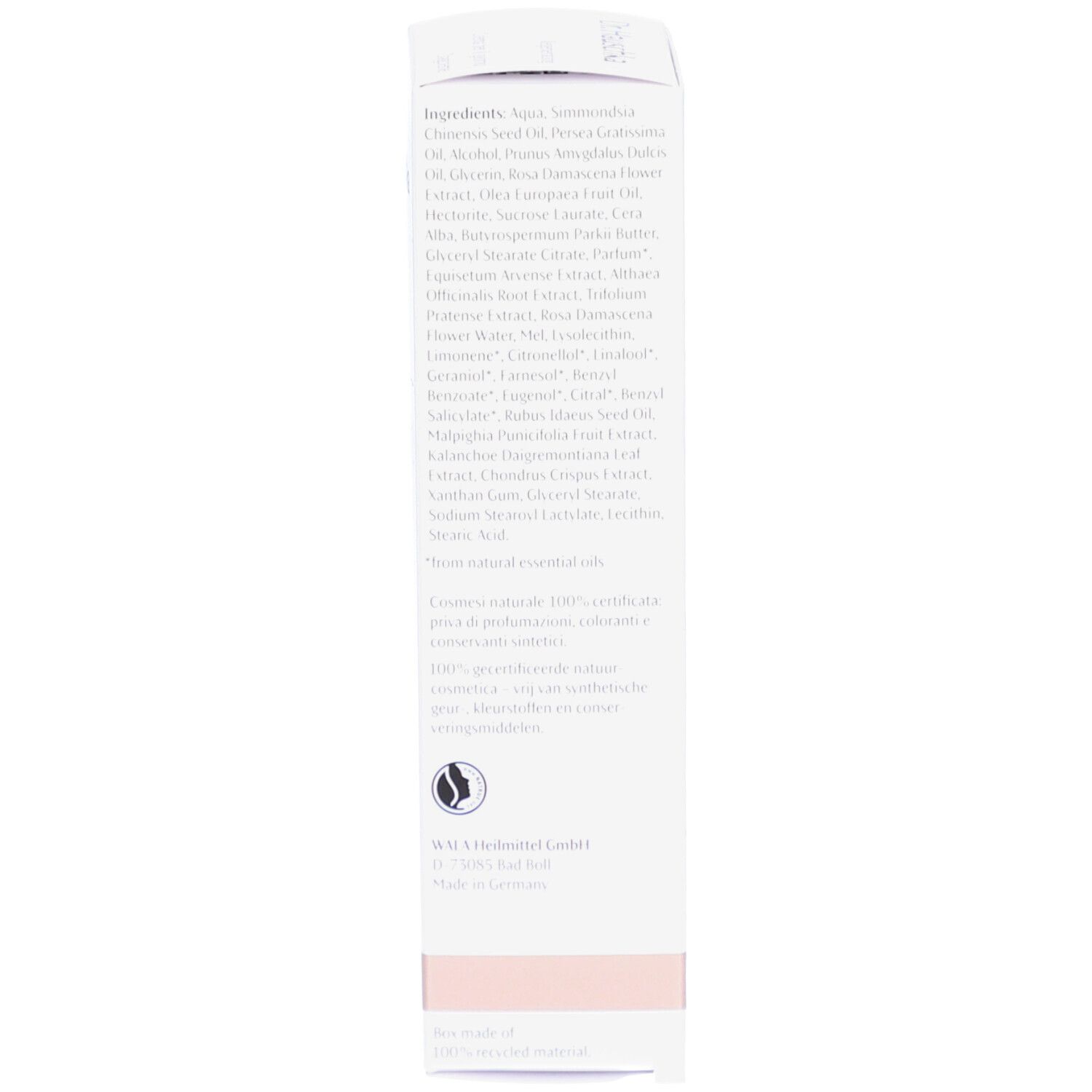 Seite der Schachtel. Text in mehreren Sprachen. Schriftzug: Crème régénérante.