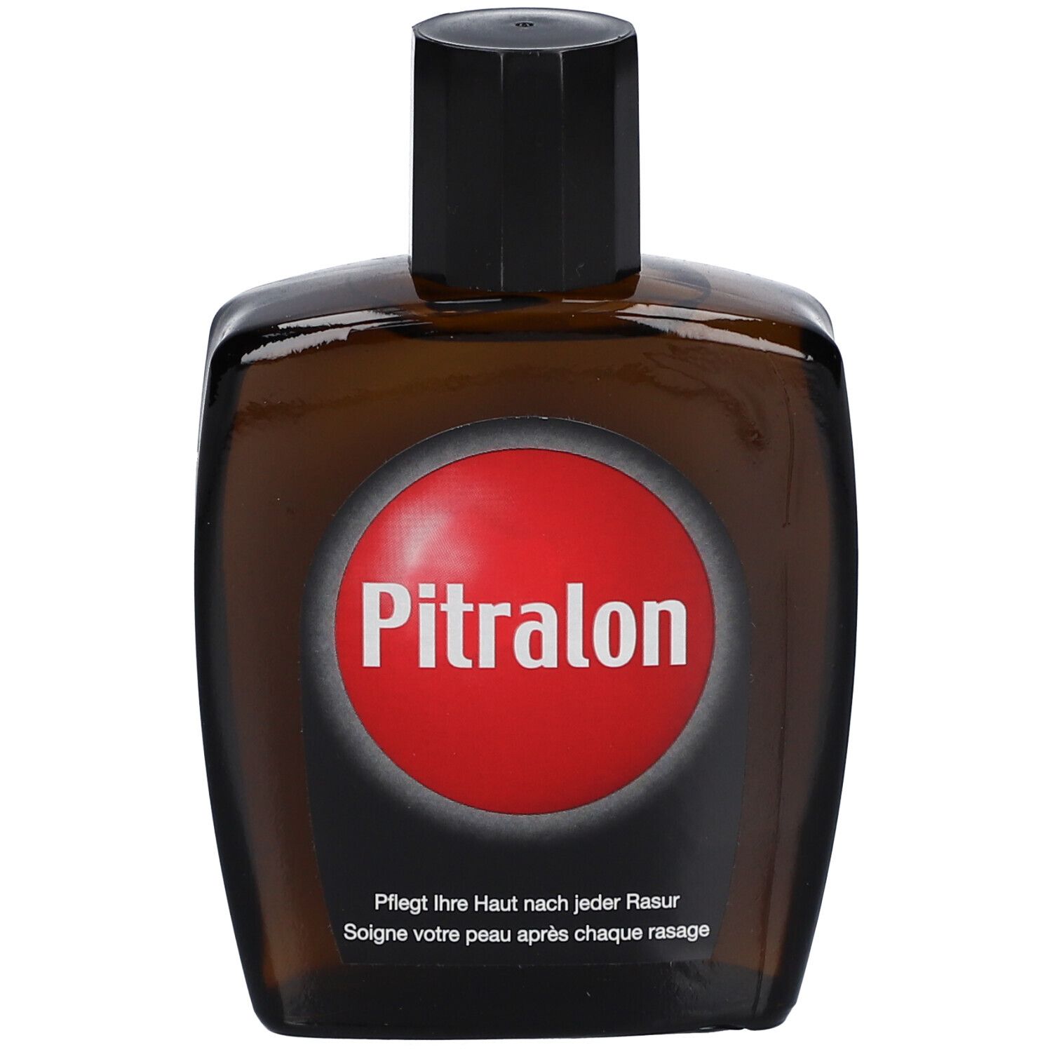 Braune Glasflasche mit schwarzem Verschluss. Roter Kreis mit Pitralon-Schriftzug. Text darunter.