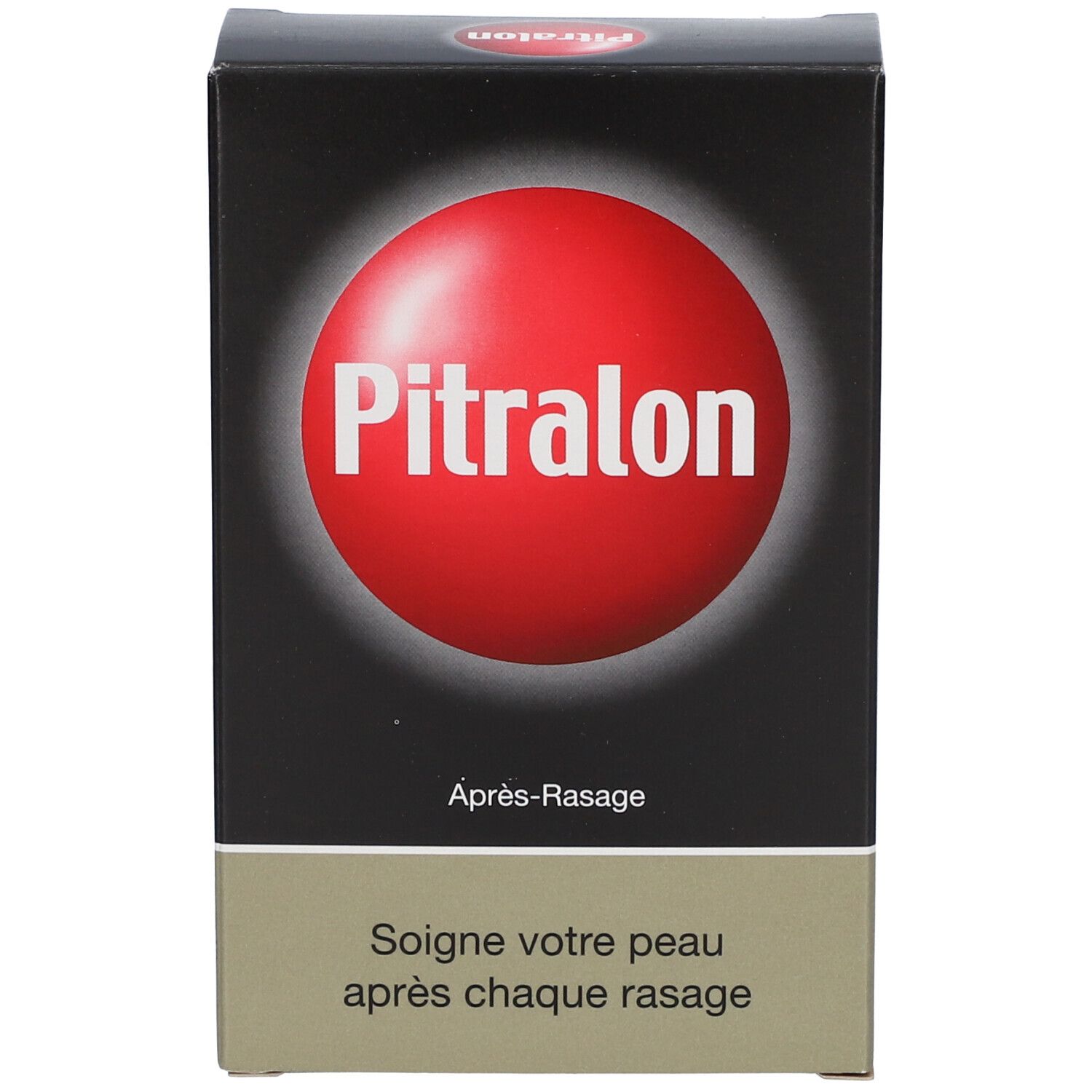 Schachtel mit rotem Kreis und Pitralon-Schriftzug. Darunter Après-Rasage und Text. Unterer Teil beige.