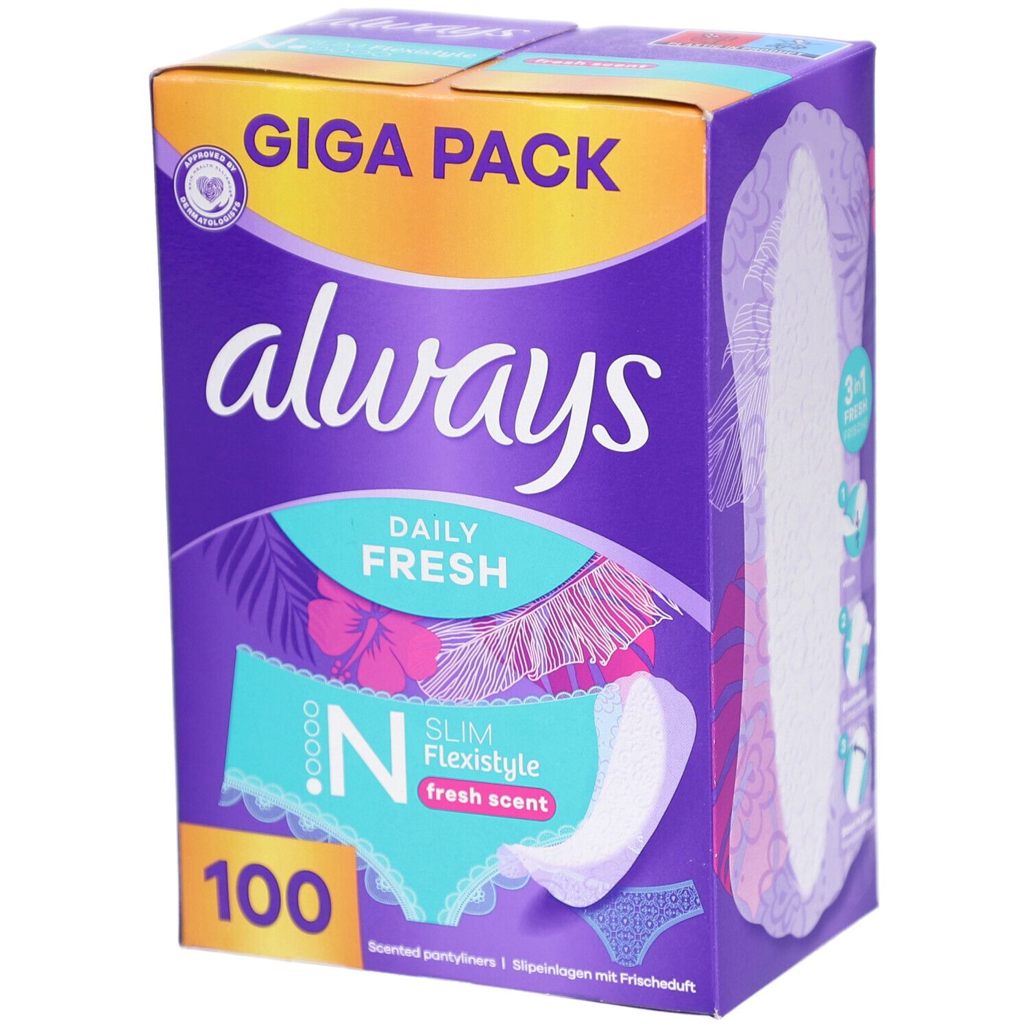 Verpackung von Always Daily Fresh Slipeinlagen. Lila Box mit Produktinformationen und Always Logo. 100 Stück.
