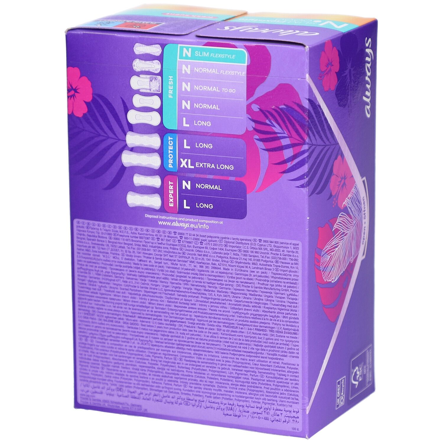 Rückseite der Always Daily Fresh Verpackung. Produktübersicht mit Größenangaben. Lila Hintergrund.