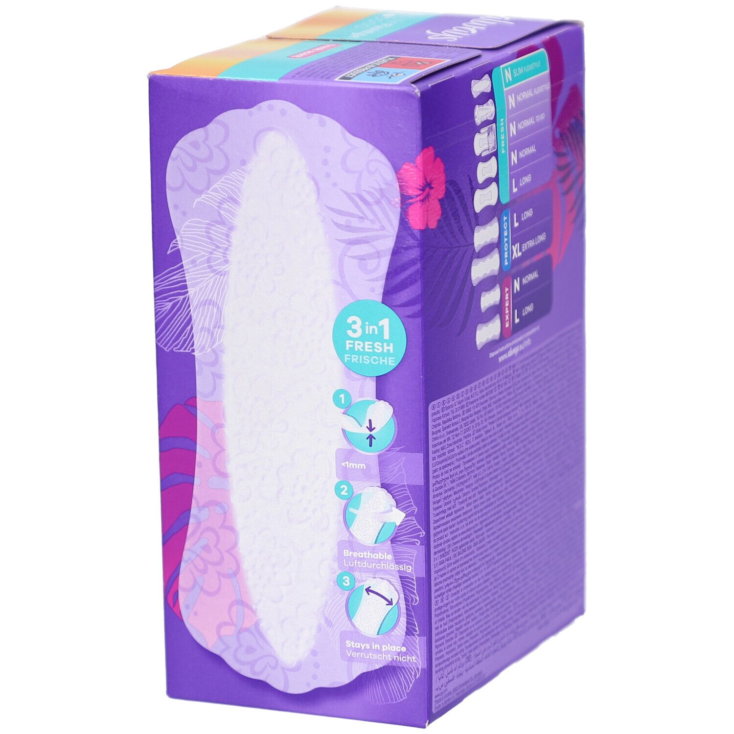 Always Daily Fresh Verpackung, Seitenansicht. Produktabbildung und Größenangaben. Lila Hintergrund.