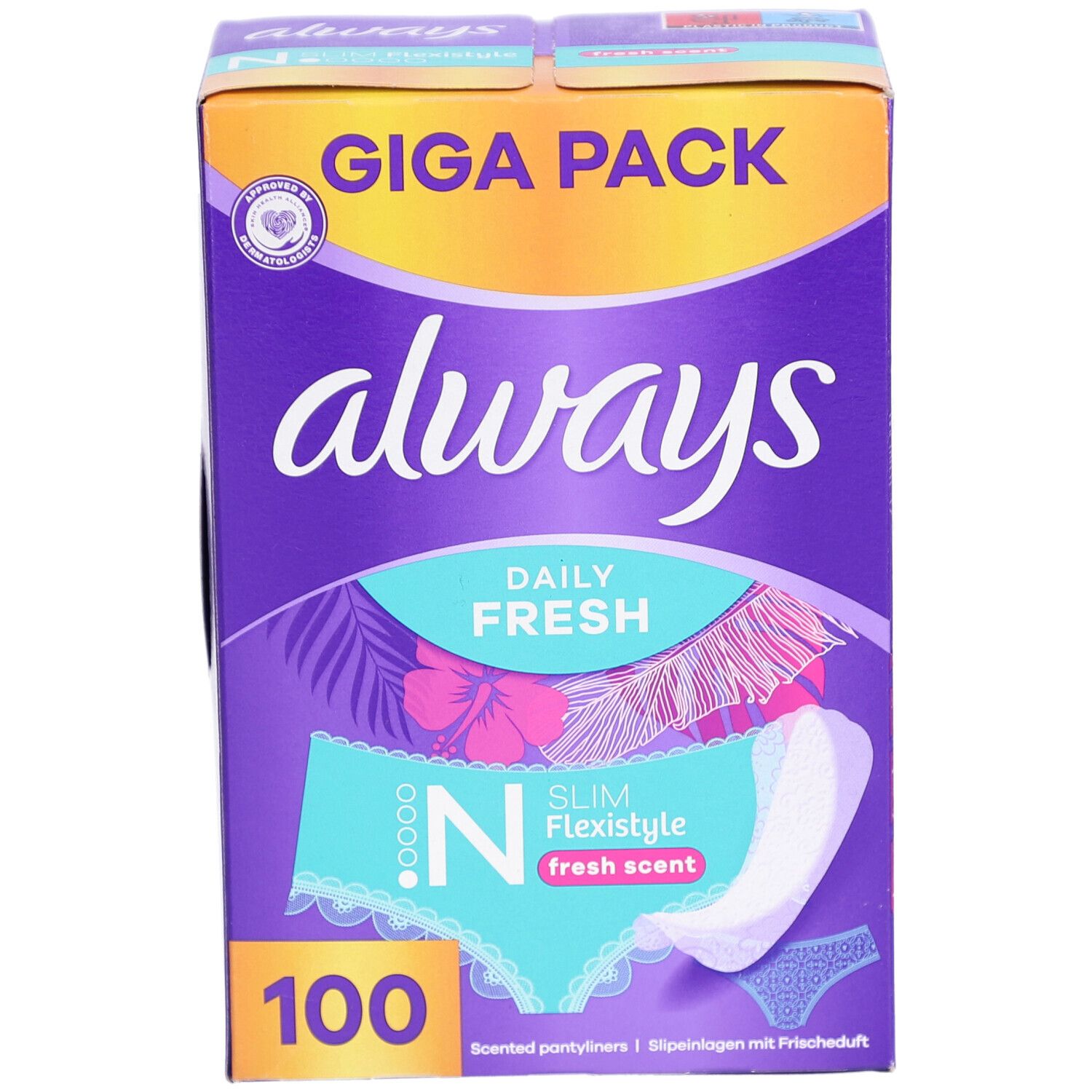 Always Daily Fresh Slipeinlagen Verpackung. Lila Box mit Always Logo und Produktbezeichnung. 100 Stück.