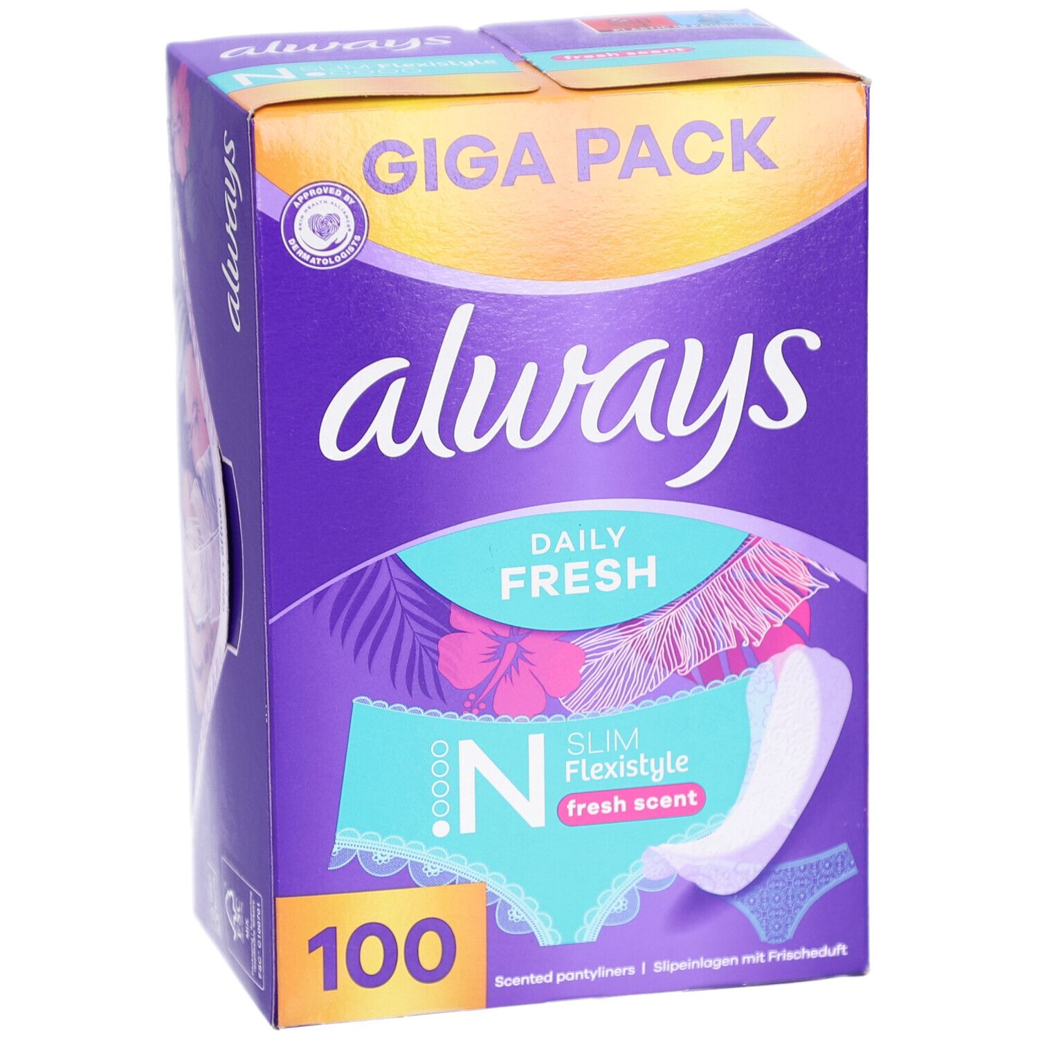 Always Daily Fresh Verpackung, schräge Ansicht. Lila Box mit Always Logo und Produktbezeichnung. 100 Stück.