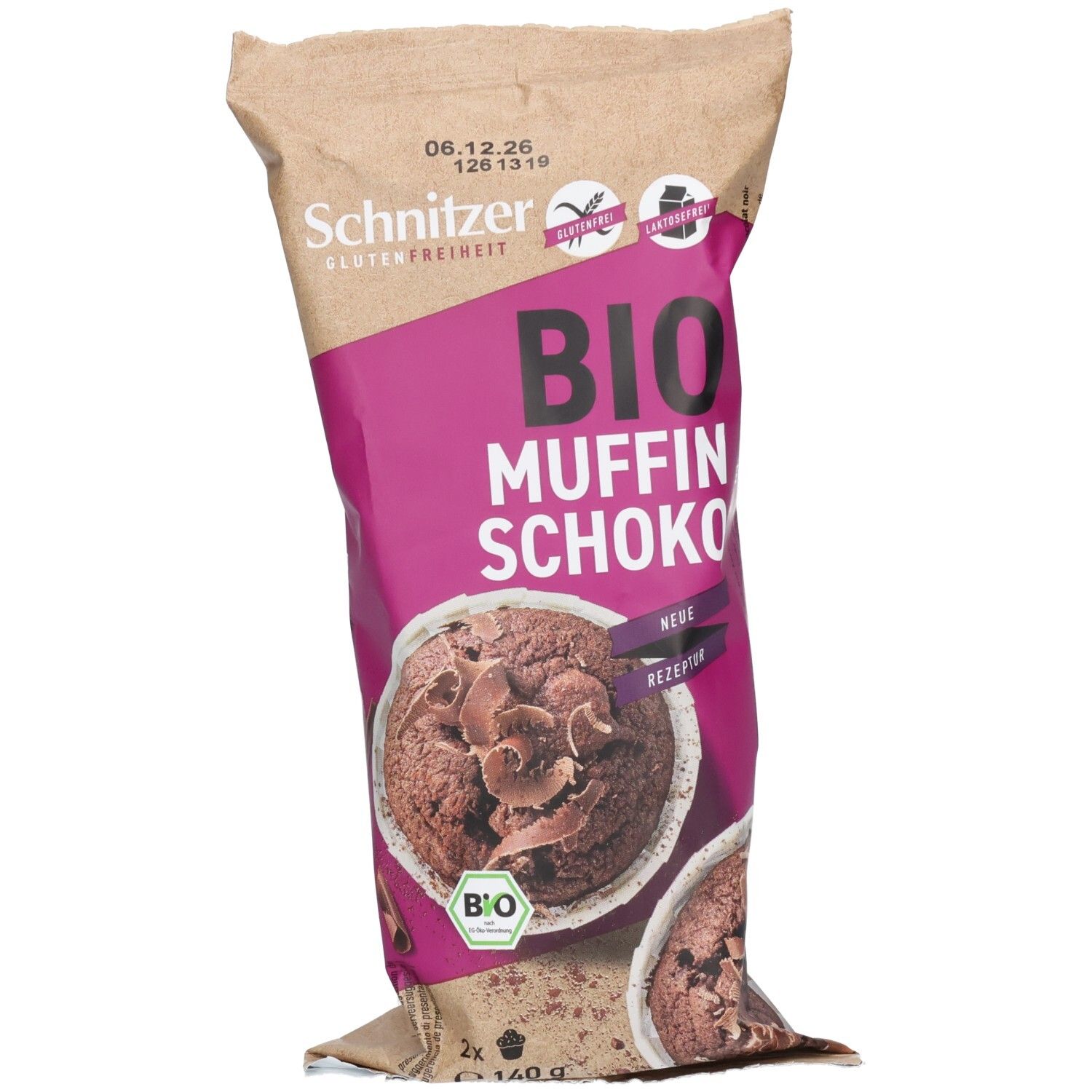 Packung Schnitzer Bio Muffin Schoko, glutenfrei. Enthält 2 Muffins.