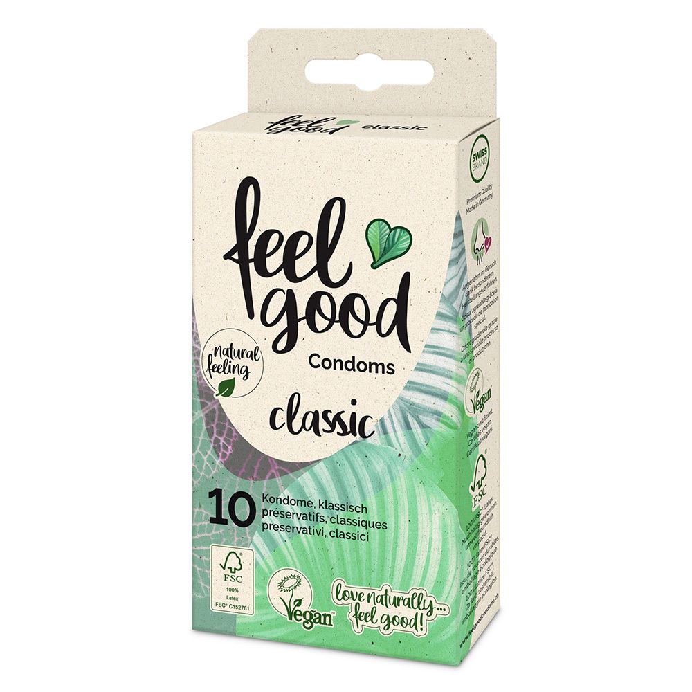Verpackung von feelgood Condoms classic. Enthält 10 Kondome. FSC-Zertifizierung und Vegan-Siegel.