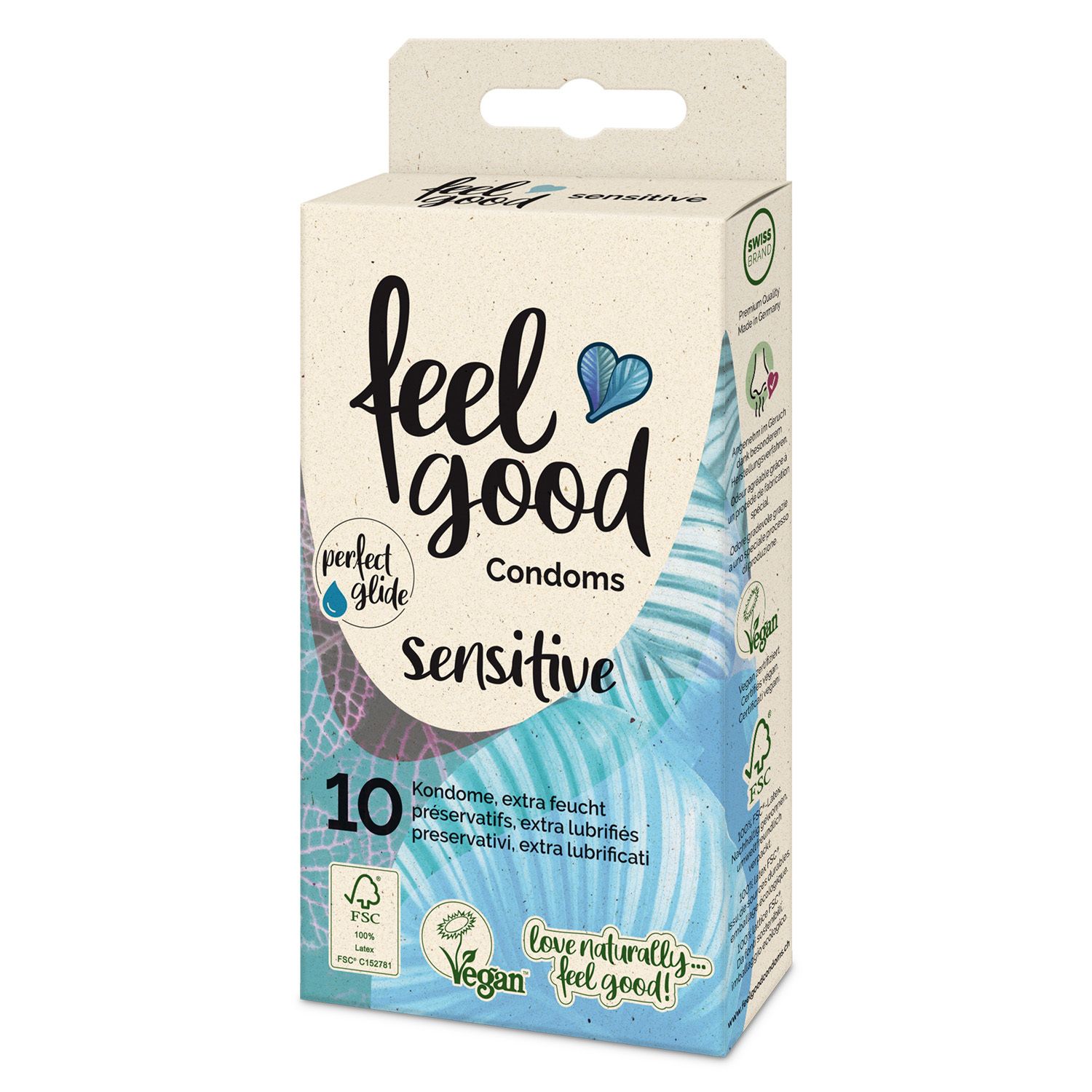 Verpackung mit 10 Kondomen. Aufschrift: feel good Condoms sensitive. FSC-Siegel, Vegan-Logo.