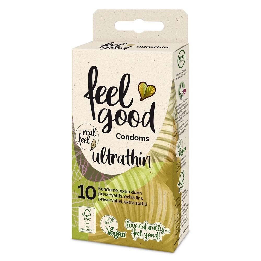 Schachtel mit Kondomen. Aufschrift: feel good Condoms ultrathin. 10 Stück. Vegan. FSC-Siegel.