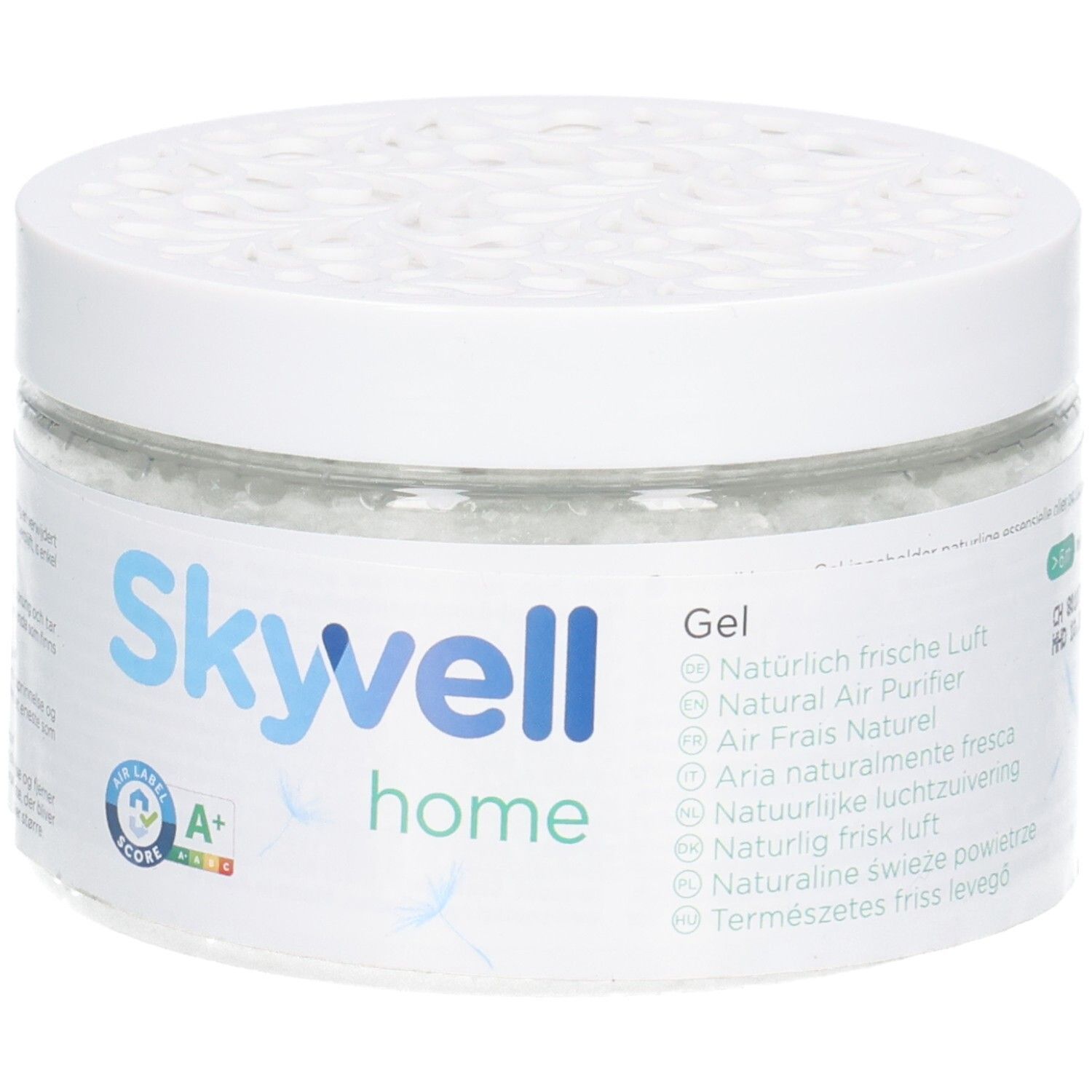 Weißes Glas mit Deckel. Skyvell home Gel, blaue Schrift. Natürliche frische Luft.