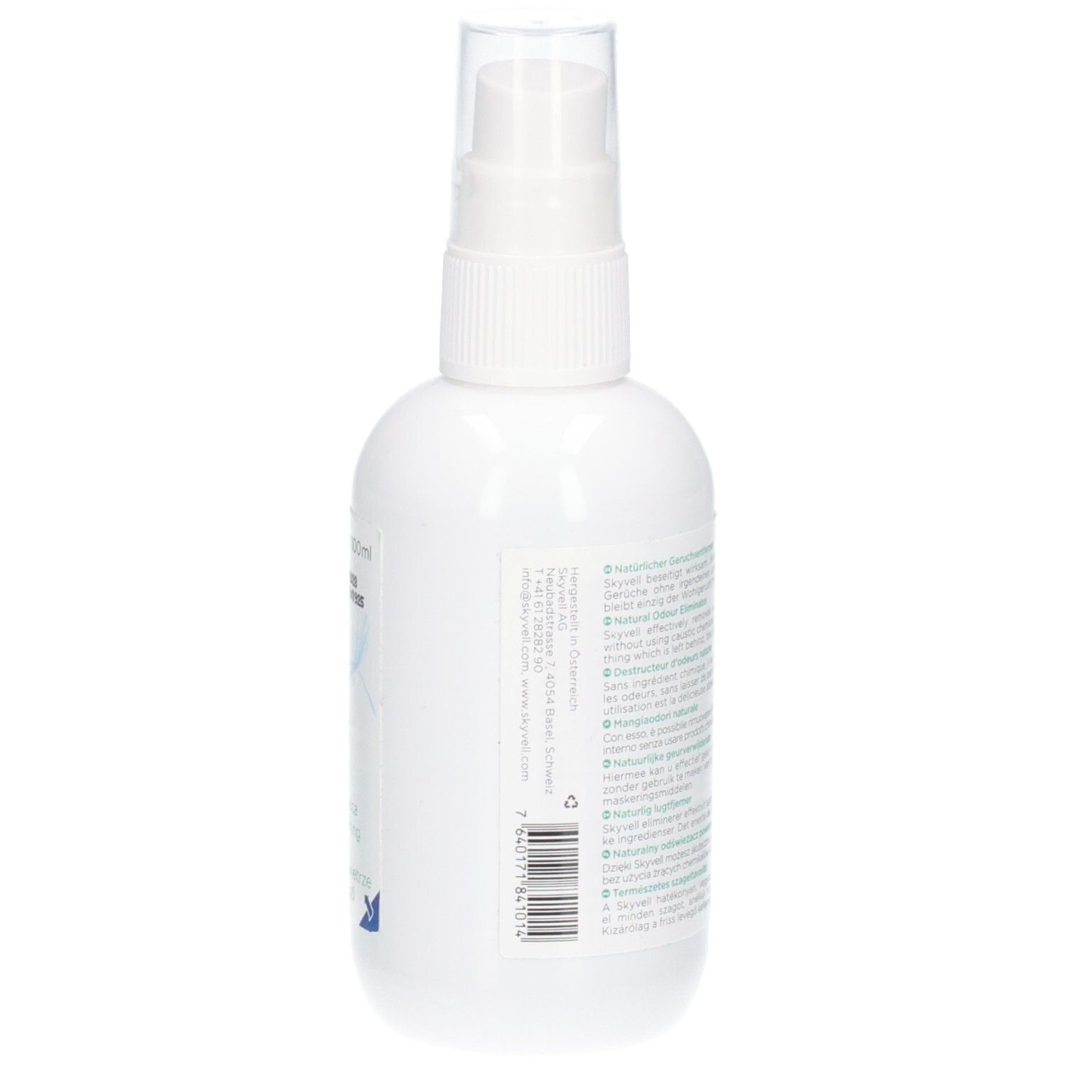 Seitenansicht der weißen Sprühflasche. Text in mehreren Sprachen. Skyvell Home-Logo in Blau.