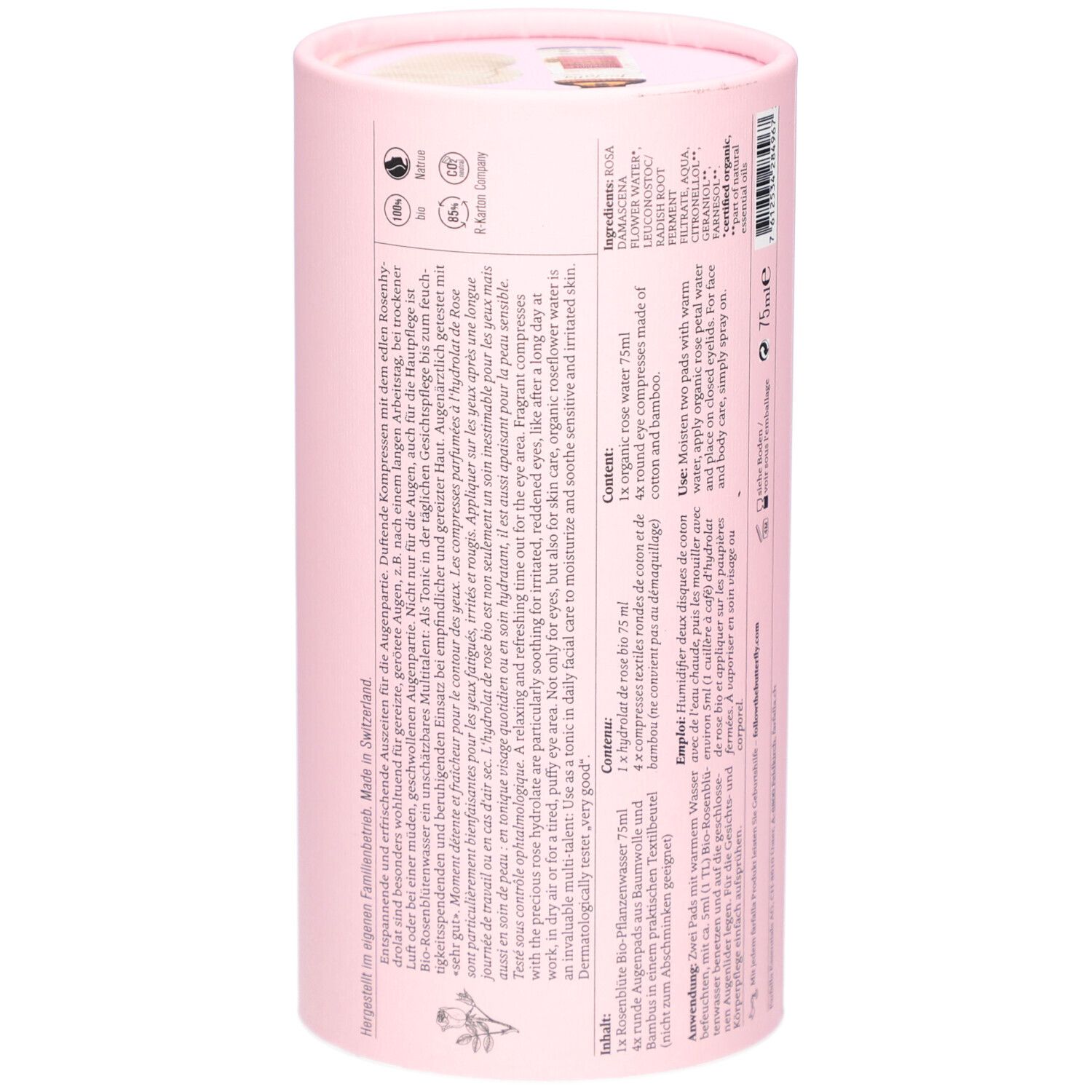 Rosa zylindrische Verpackung. Text mit Inhaltsstoffen und Anwendung. Mit Zertifizierungen und floralem Design.