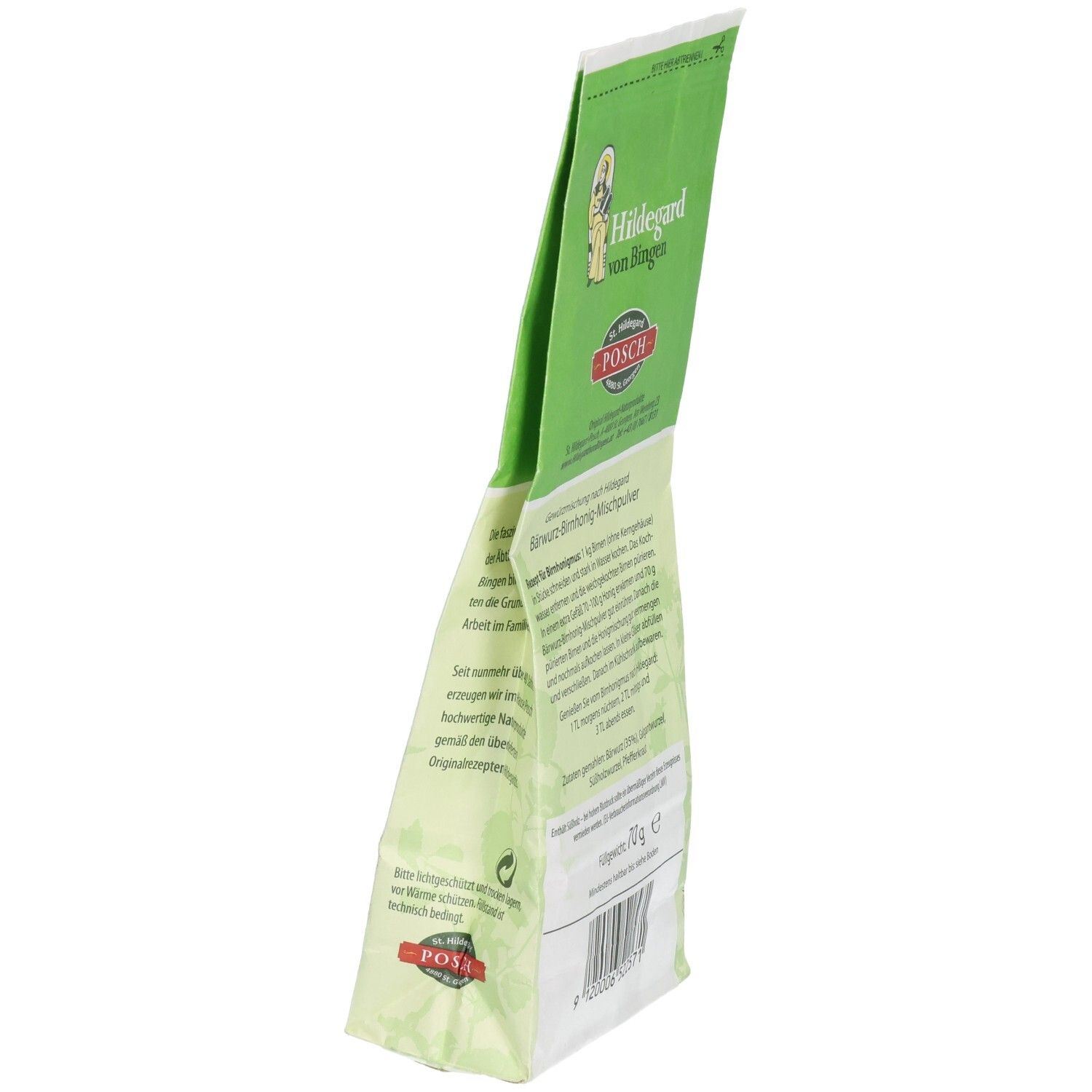 Schräg stehende Rückseite eines Beutels mit Mischpulver. Textinformationen auf grün-weißer Verpackung.