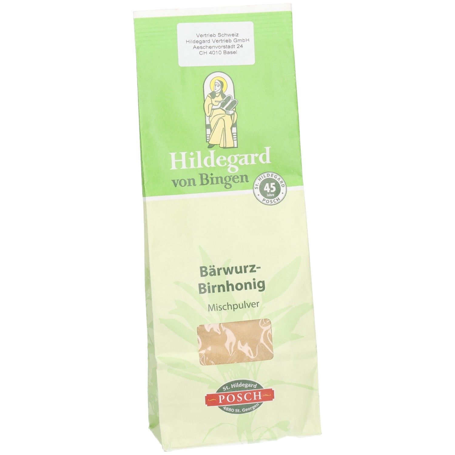 Beutel mit Mischpulver. Grün-weiße Verpackung mit Produktnamen und Logo. Sichtfenster zeigt Inhalt.