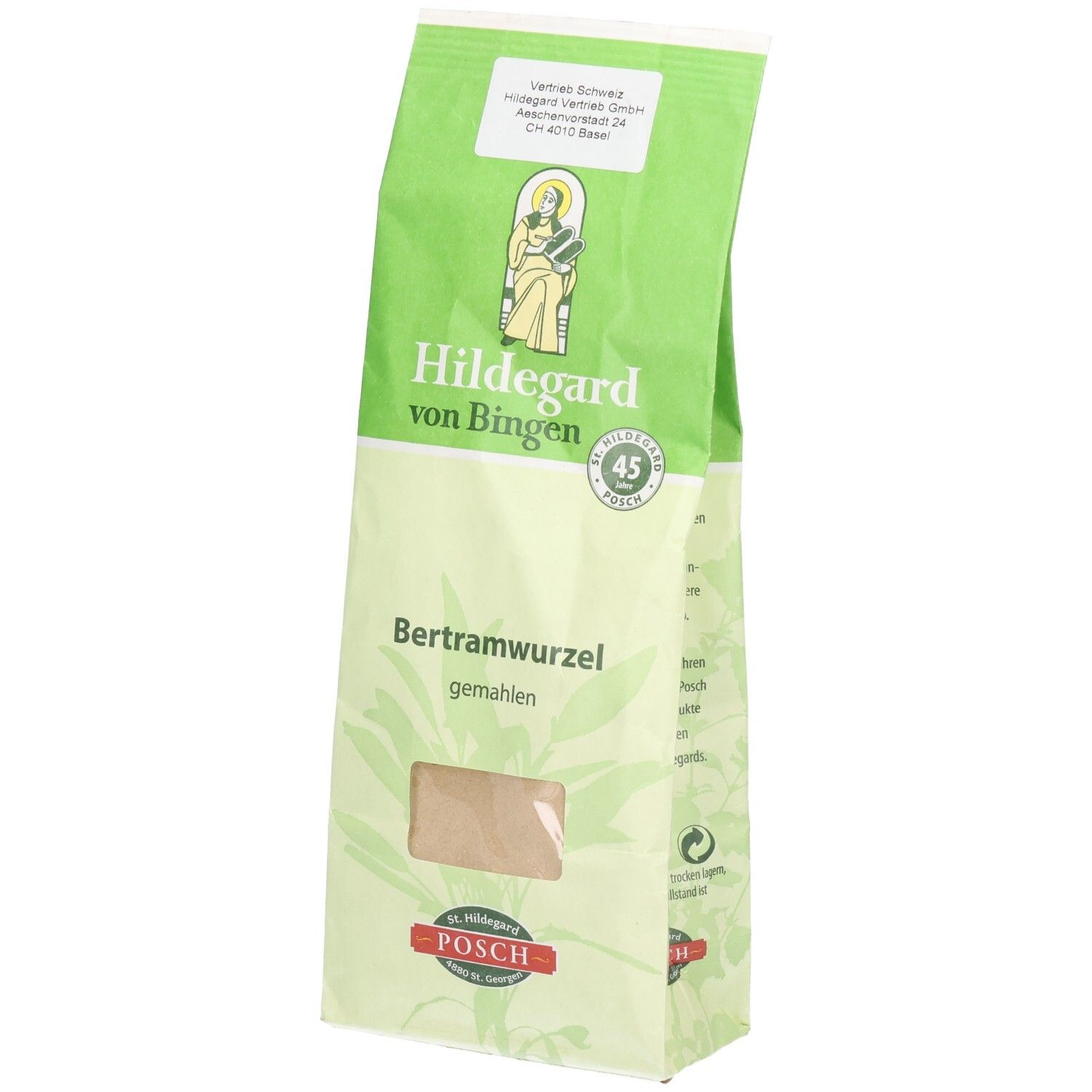 Verpackung von Bertramwurzel, gemahlen. Grün-weiße Tüte mit Produktnamen und Logo. Sichtfenster zeigt Inhalt.