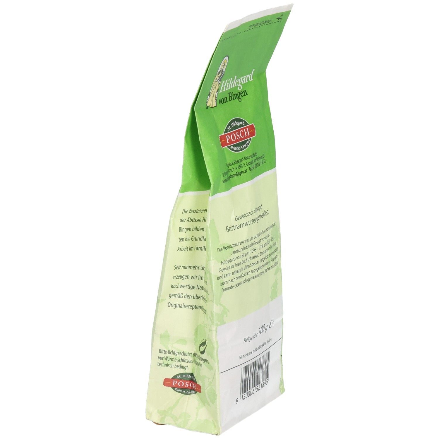 Bertramwurzel-Verpackung, schräg. Grün-weiße Tüte mit Produktinformationen und Logo. 100g-Gewichtsangabe.