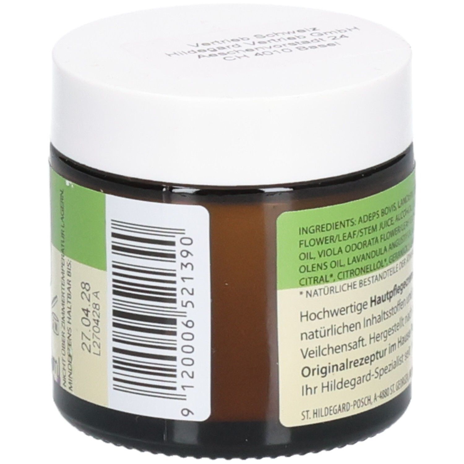 Braunes Glas mit weißem Deckel. Aufschrift: Barcode. Text: Hochwertige Hautpflegecreme mit natürlichen Inhaltsstoffen.