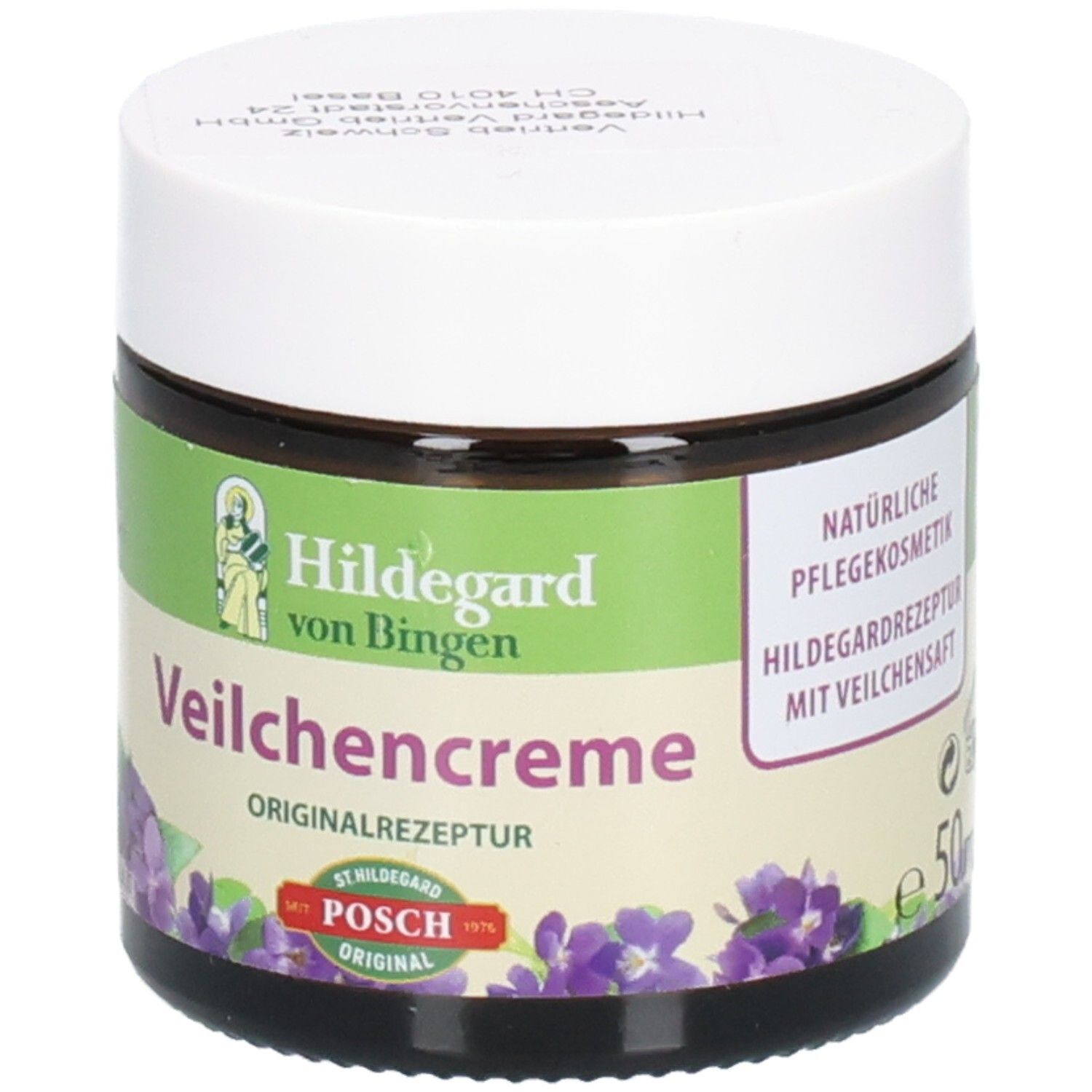 Braunes Glas mit weißem Deckel. Aufschrift: Hildegard von Bingen Veilchencreme. Originalrezeptur. POSCH Original. 50ml.