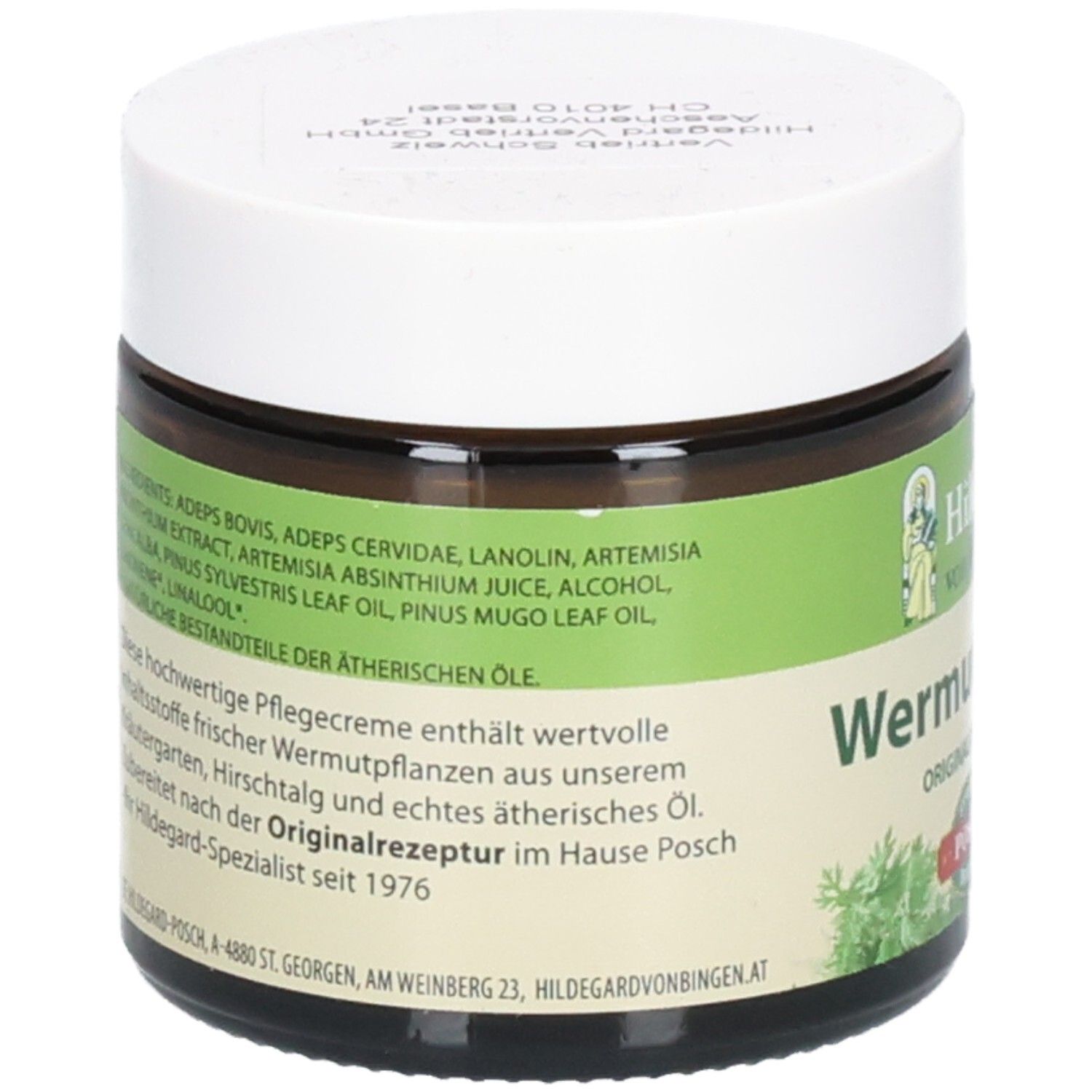 Braunes Glas mit weißem Deckel. Etikett mit Inhaltsstoffen und Text. Text: Hildegard von Bingen, Wermutcreme, Originalrezeptur, POSCH Original.