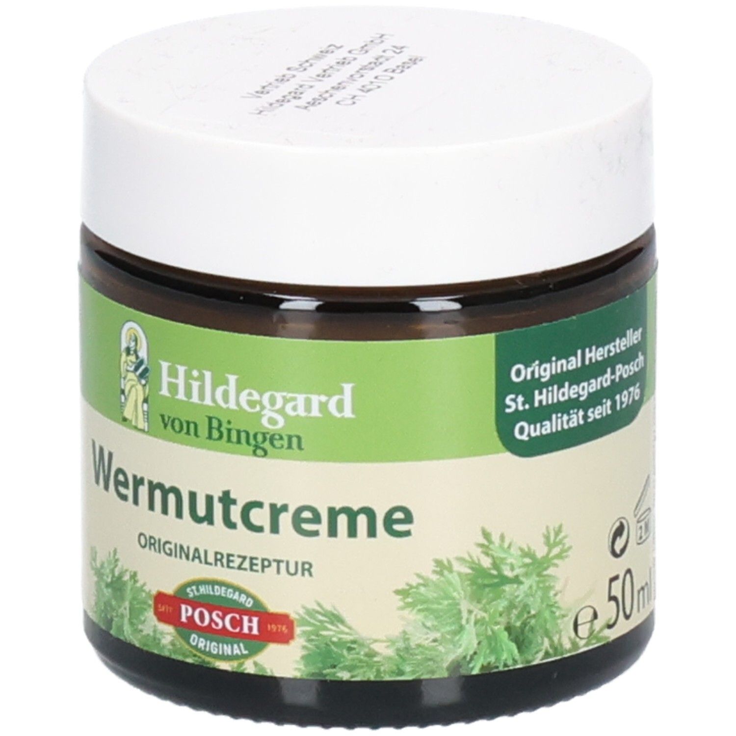 Braunes Glas mit weißem Deckel. Etikett mit Produktnamen und Logo. Text: Hildegard von Bingen, Wermutcreme, Originalrezeptur, POSCH Original, 50ml.