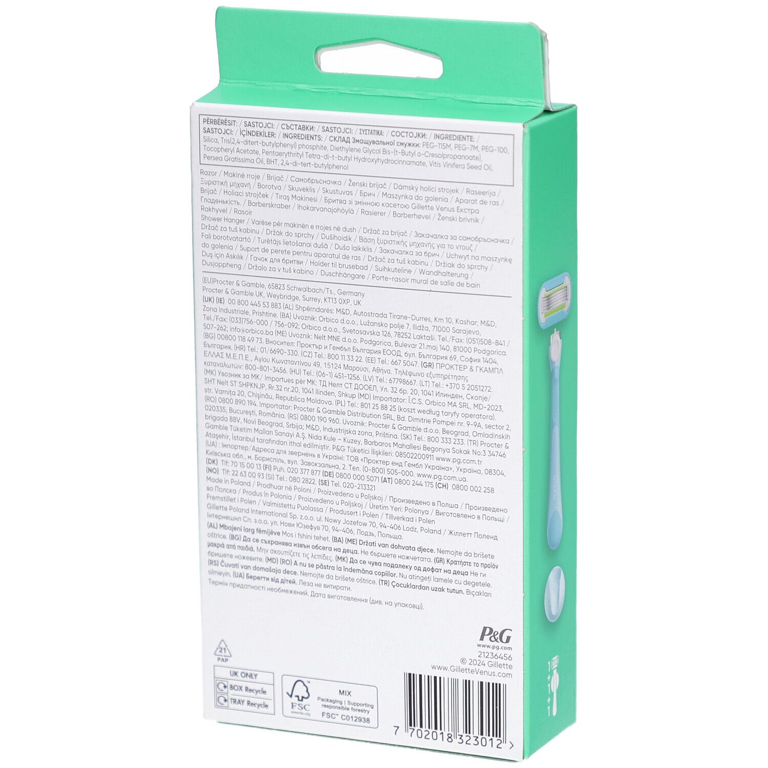 Rückseite der Verpackung. Text in mehreren Sprachen. Marke: Venus Gillette. P&G Logo. Recycling-Symbole.