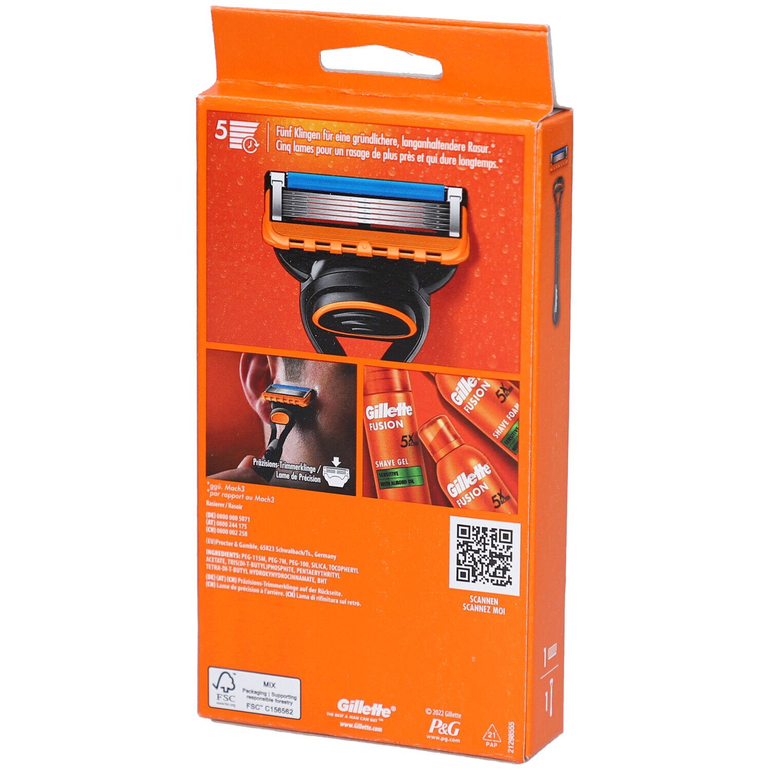 Rückseite der Verpackung mit Rasierer und Rasiergel-Abbildungen. Text: Gillette Fusion5. QR-Code.
