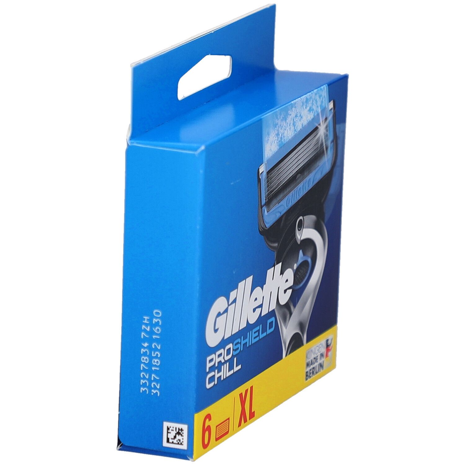 Gillette ProShield Chill Rasierklingen, 6 Stück, XL. Blaue Verpackung mit Bild einer Rasierklinge.