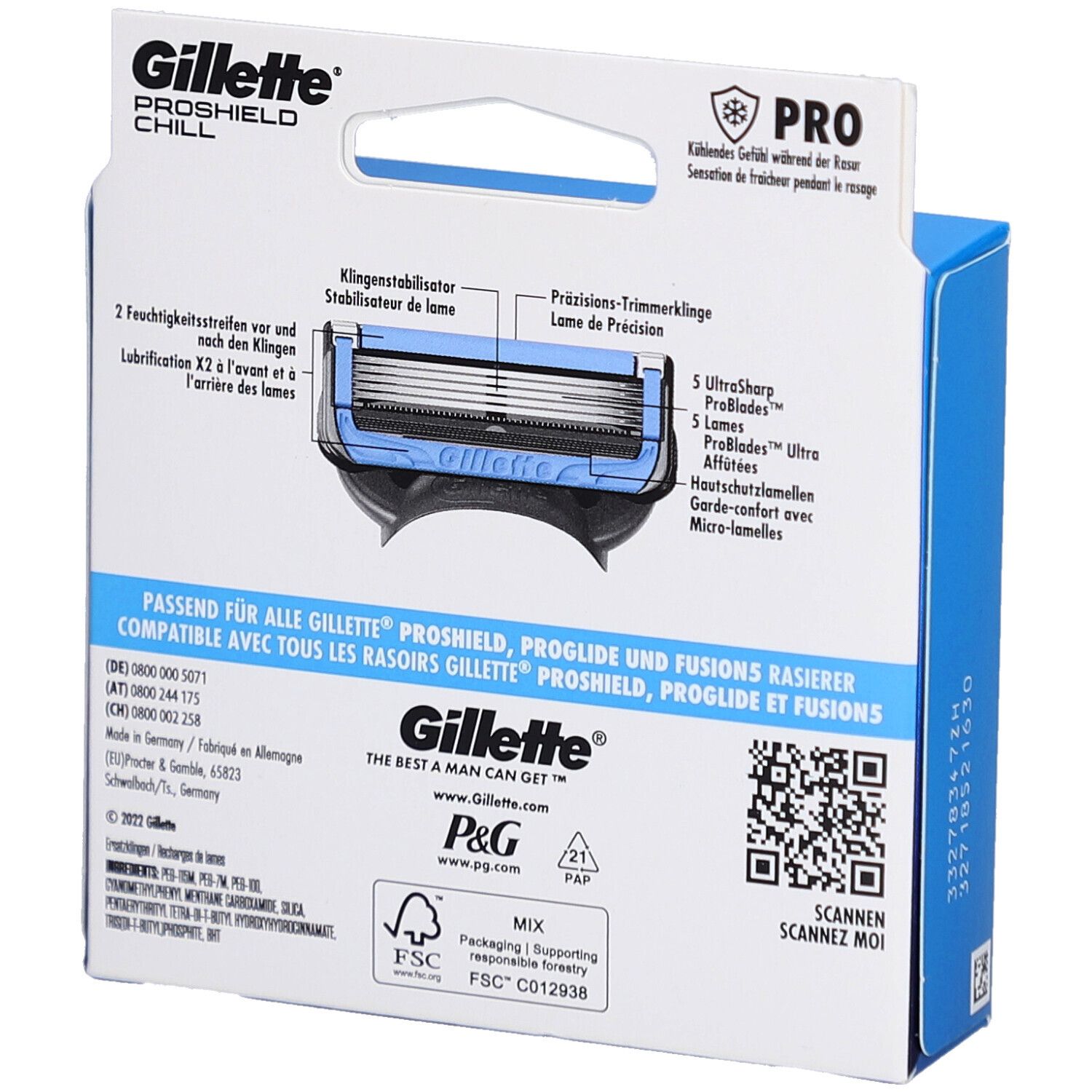 Gillette ProShield Chill Rasierklingen-Verpackung mit Abbildung einer Rasierklinge und Produktinformationen.