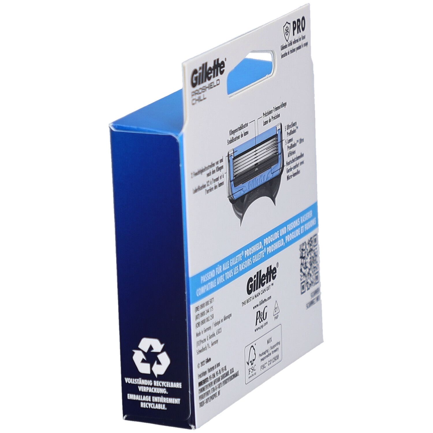 Gillette ProShield Chill Rasierklingen-Verpackung mit Abbildung einer Klinge.