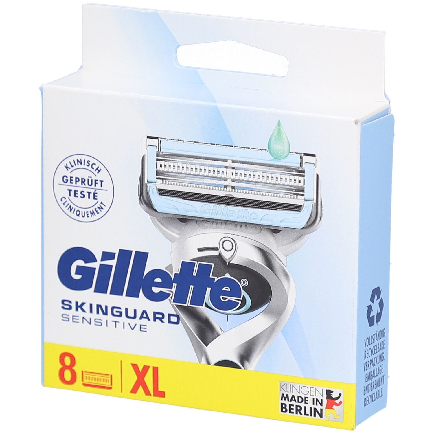 Verpackung mit Gillette SkinGuard Sensitive Rasierklingen. 8 Stück, XL. Klinisch geprüft. Rasierer mit blauem Klingenkopf.
