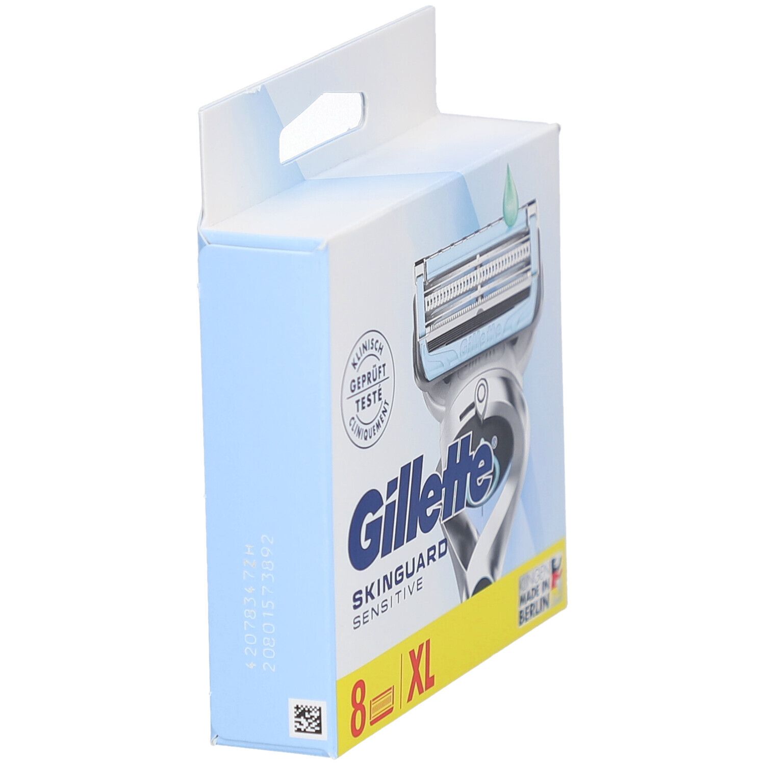 Gillette SkinGuard Sensitive Rasierklingen-Verpackung, Seitenansicht. 8 Stück, XL. Klinisch geprüft. Blaues Design.