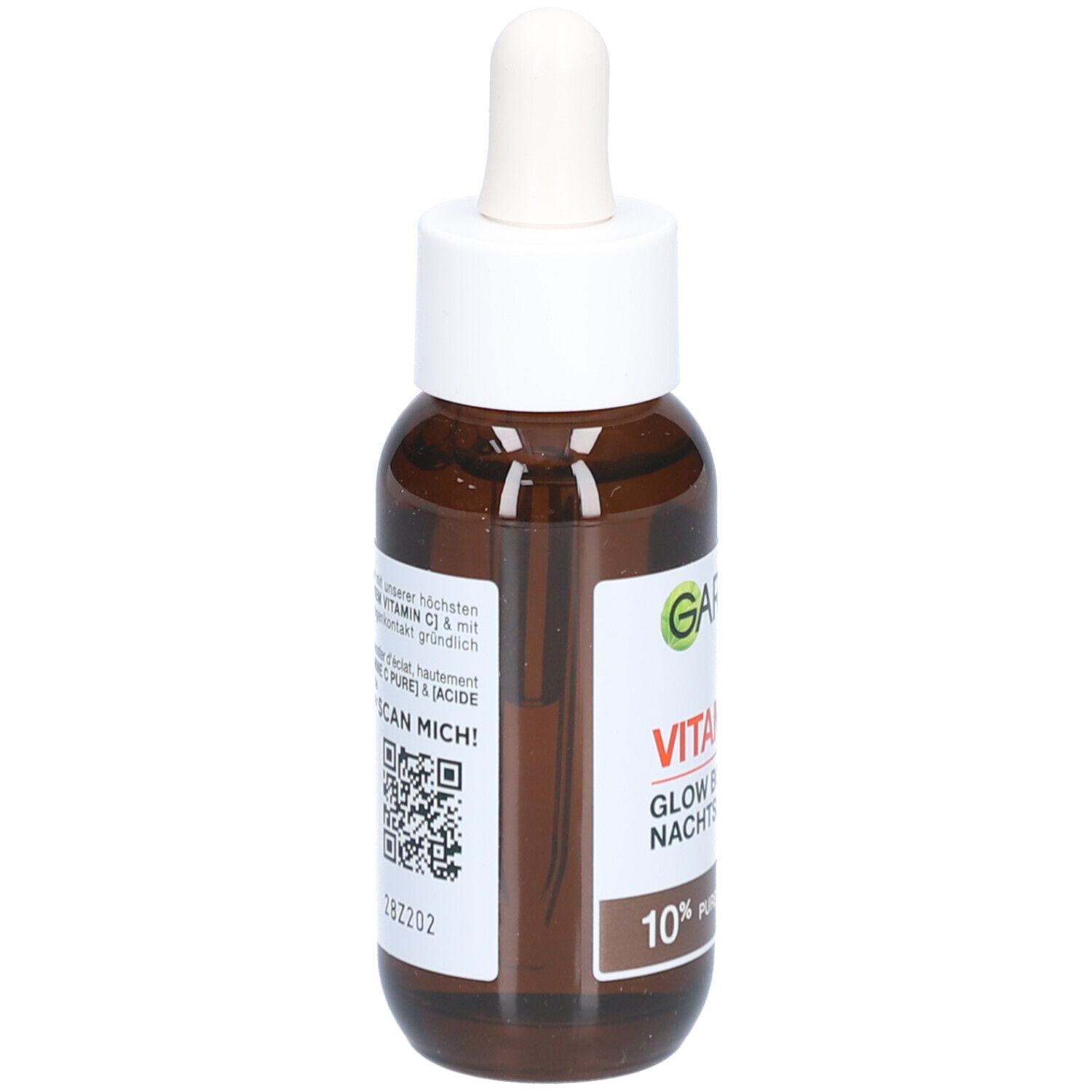 Braune Glasflasche mit weißem Deckel und Pipette. Etikett mit Text und QR-Code. Produktname nicht sichtbar.