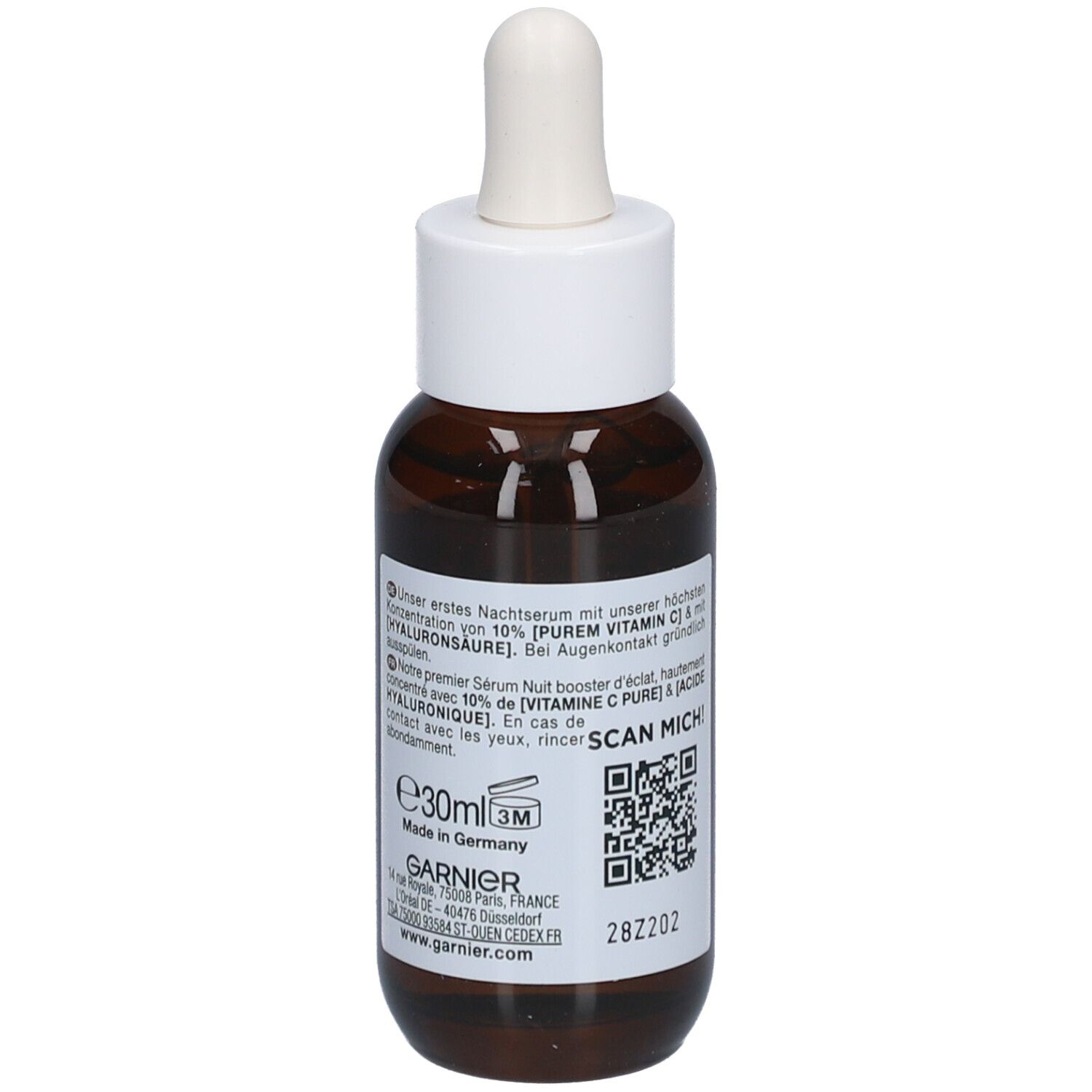 Braune Glasflasche mit weißem Deckel und Pipette. Etikett mit Text, QR-Code und Volumenangabe. Produktname nicht sichtbar.