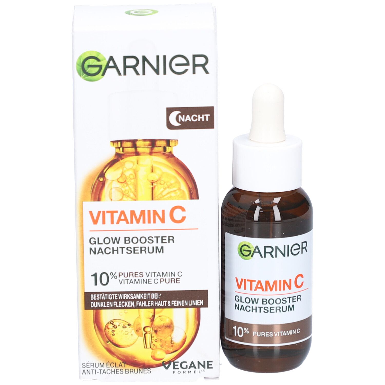 Produktflasche und Verpackung. Flasche mit Pipette, Verpackung mit Produktnamen und Inhaltsangabe. Marke Garnier sichtbar.